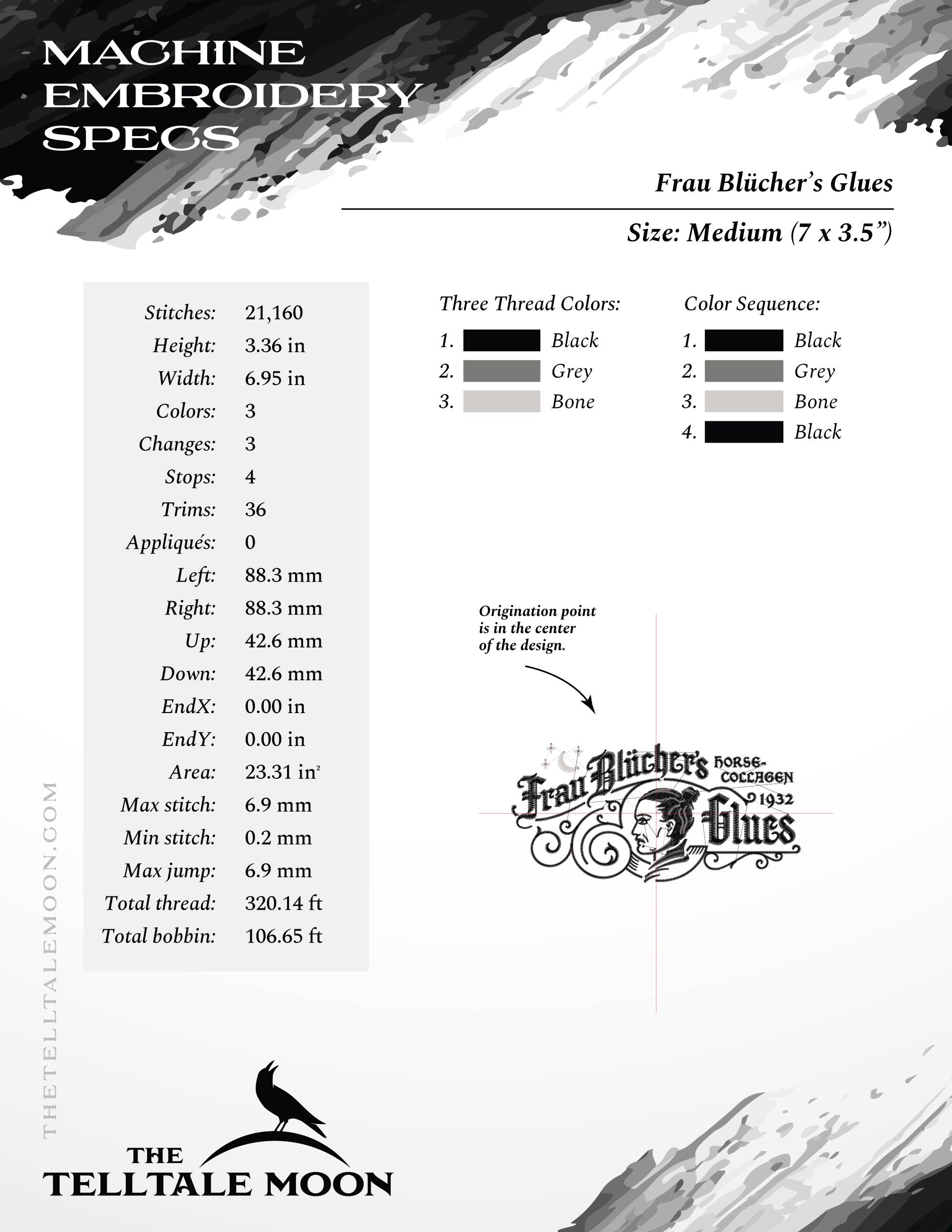 Embroidery: "Frau Blucher's Glues" Frankenstein-inspired Humor - Six Sizes About 6 to 11 Inches