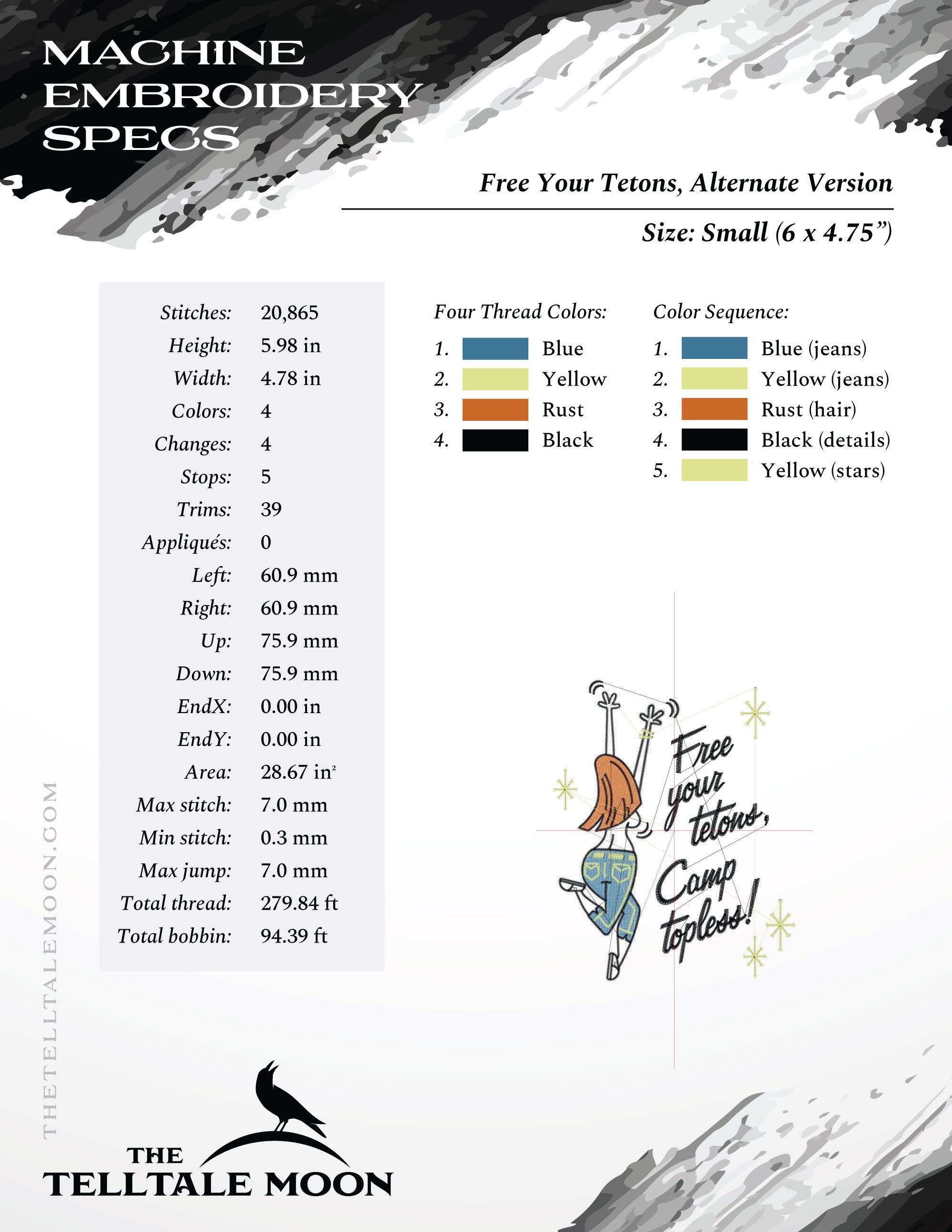 Embroidery: "Free Your Tetons" Camping & Hiking Humor - Several Sizes - Up to Five Thread Colors