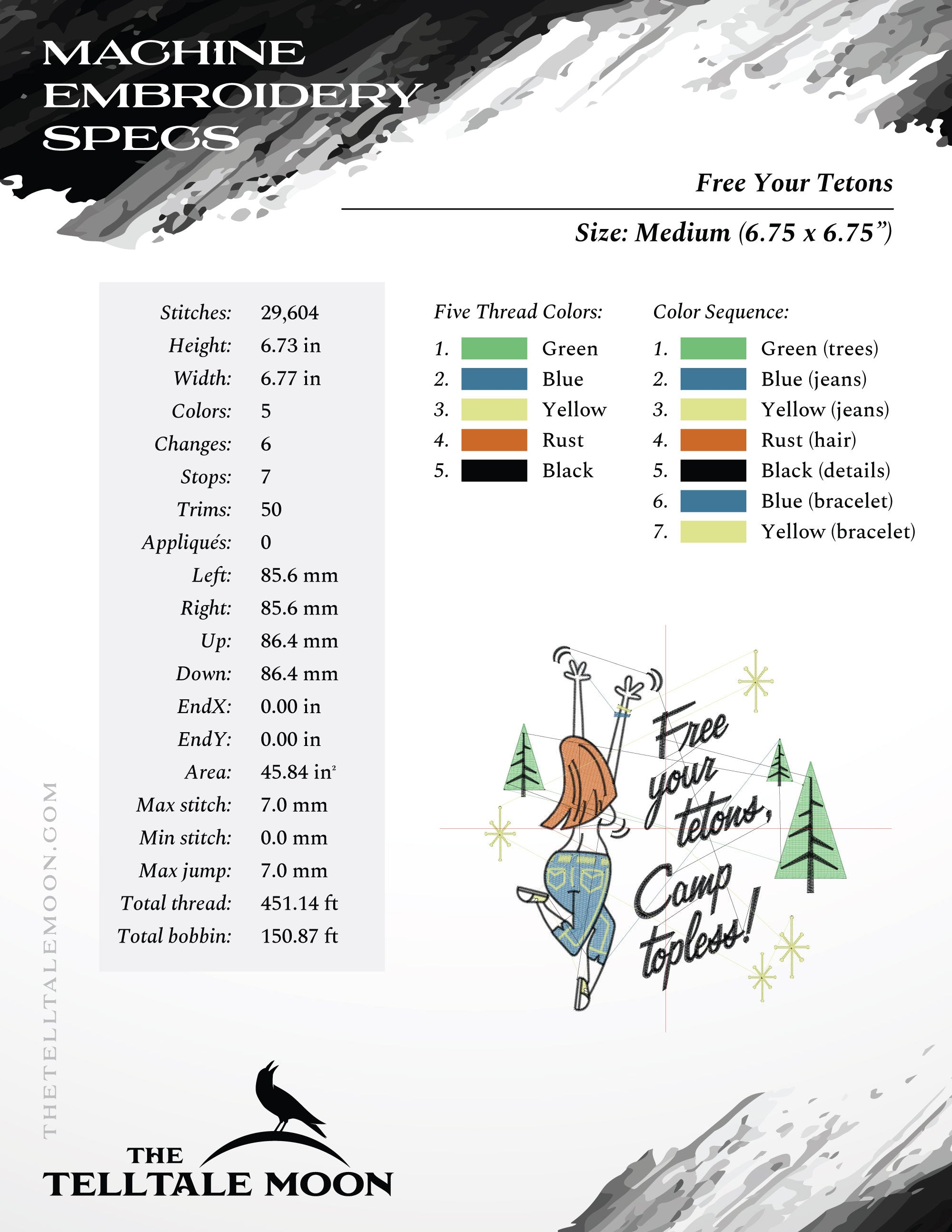 Embroidery: "Free Your Tetons" Camping & Hiking Humor - Several Sizes - Up to Five Thread Colors