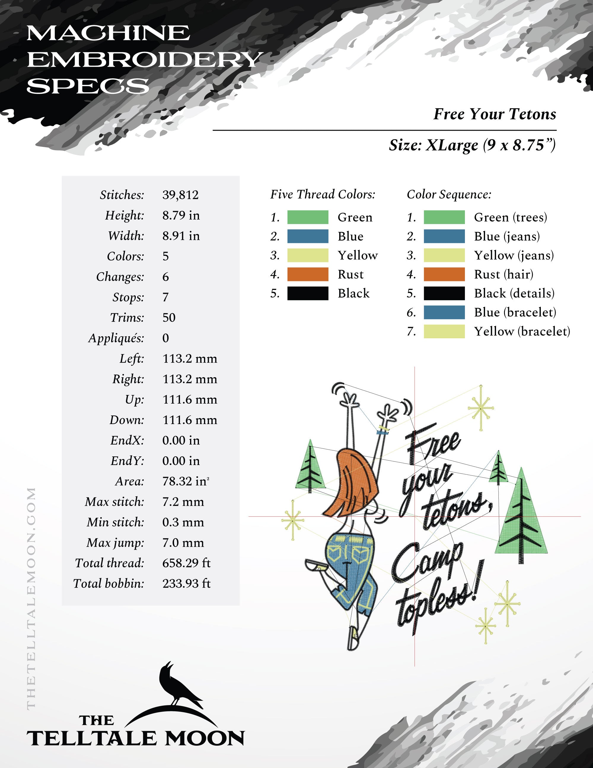 Embroidery: "Free Your Tetons" Camping & Hiking Humor - Several Sizes - Up to Five Thread Colors