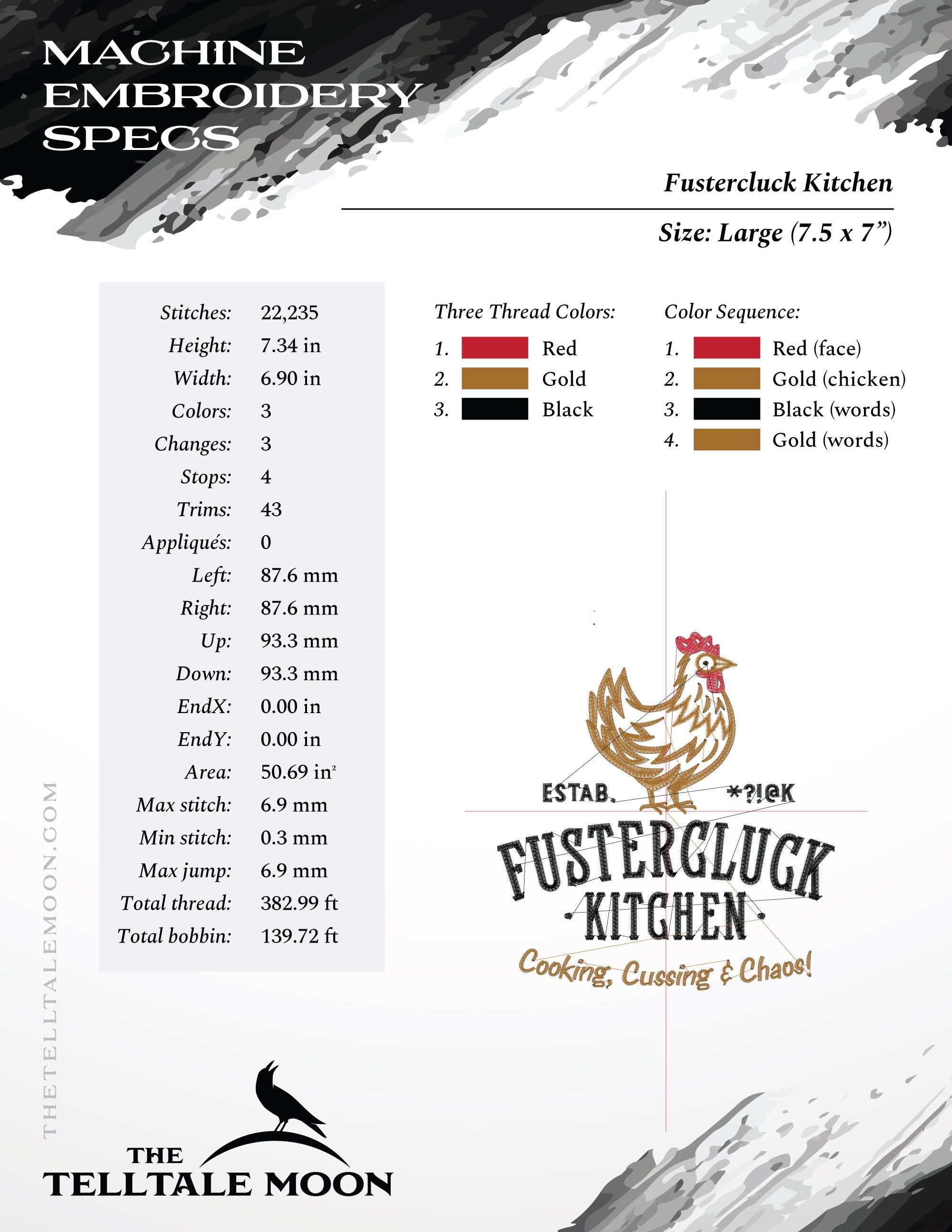 Embroidery: "Fustercluck Kitchen" Humor - Five Sizes 5.5 to 9.5 Inches Tall - Three Thread Colors)