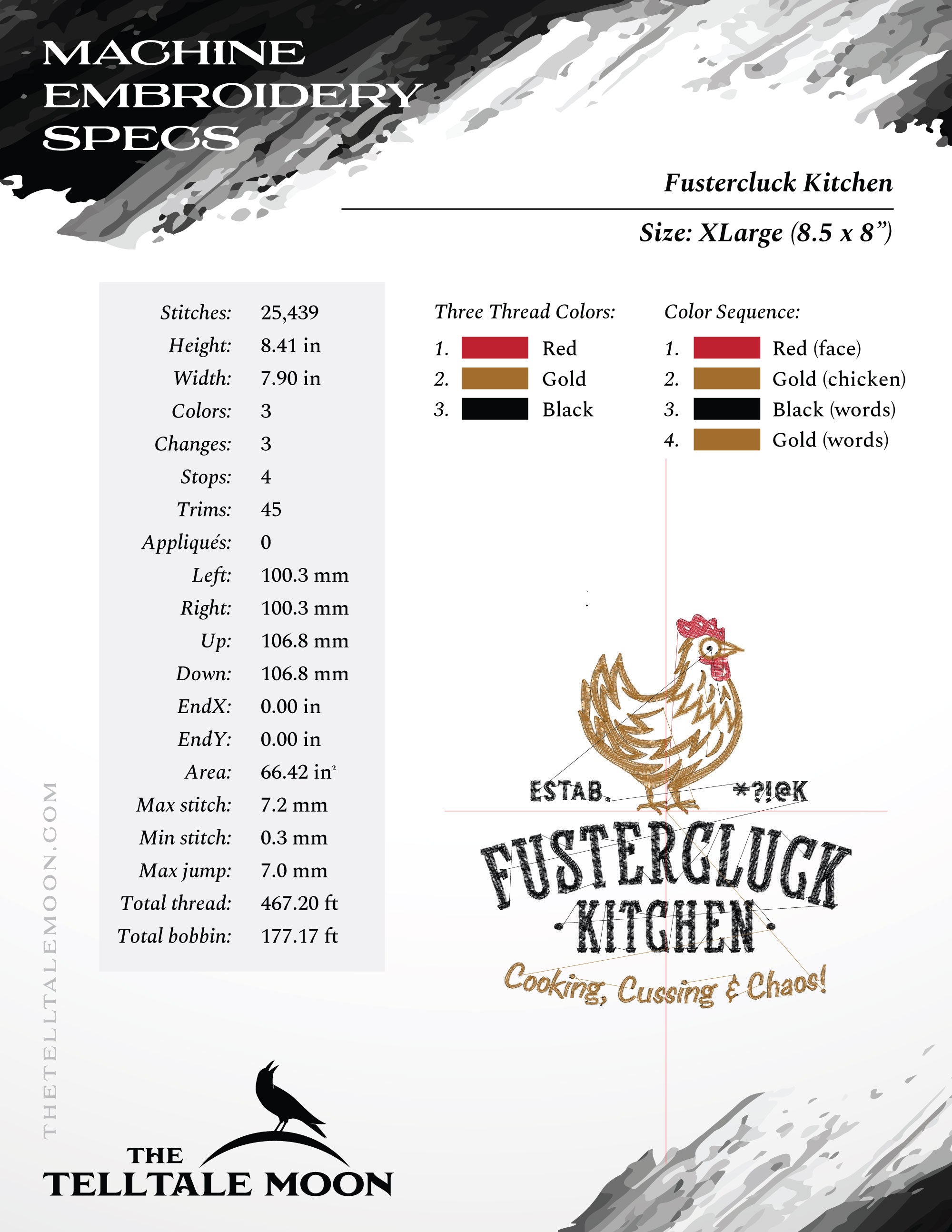 Embroidery: "Fustercluck Kitchen" Humor - Five Sizes 5.5 to 9.5 Inches Tall - Three Thread Colors)