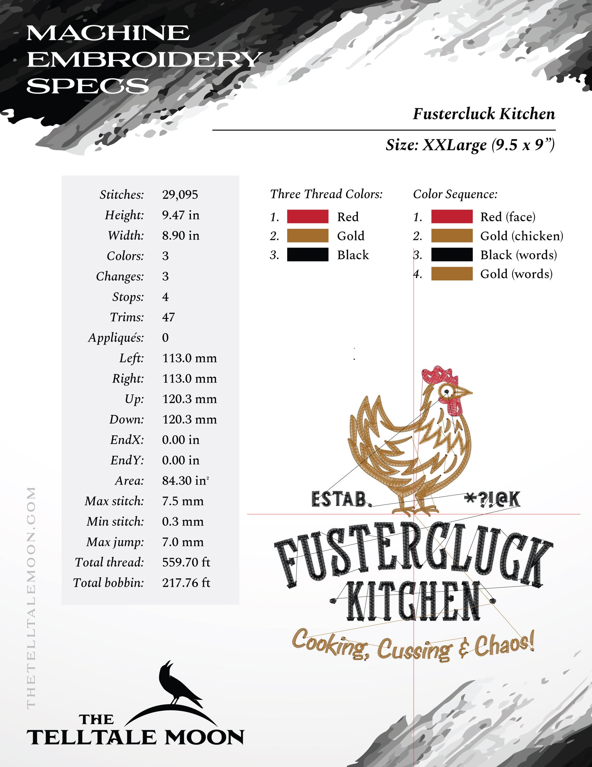 Embroidery: "Fustercluck Kitchen" Humor - Five Sizes 5.5 to 9.5 Inches Tall - Three Thread Colors)