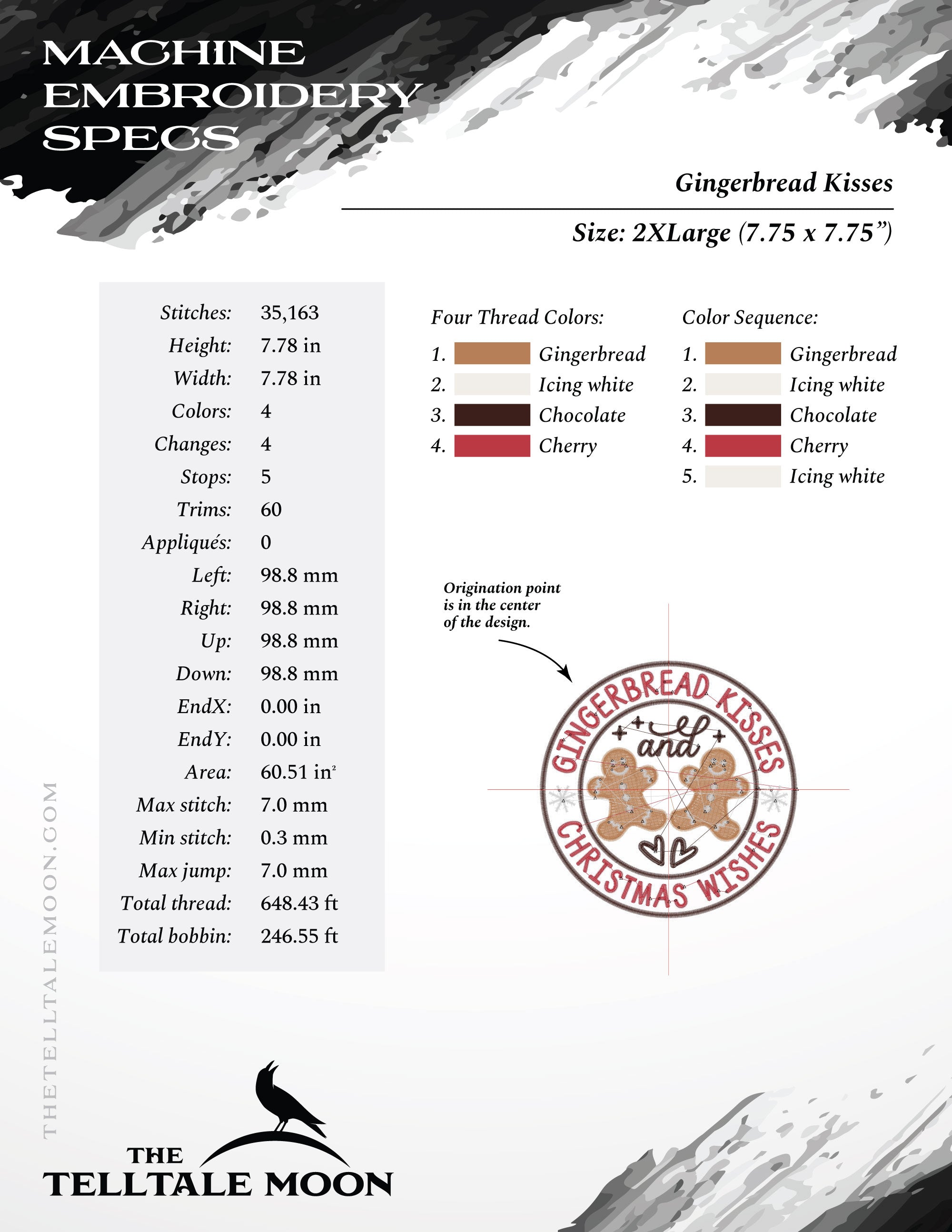 Embroidery: "Gingerbread Kisses" Christmas Bakery Logo - Seven Sizes Between 4 and 10 Inches