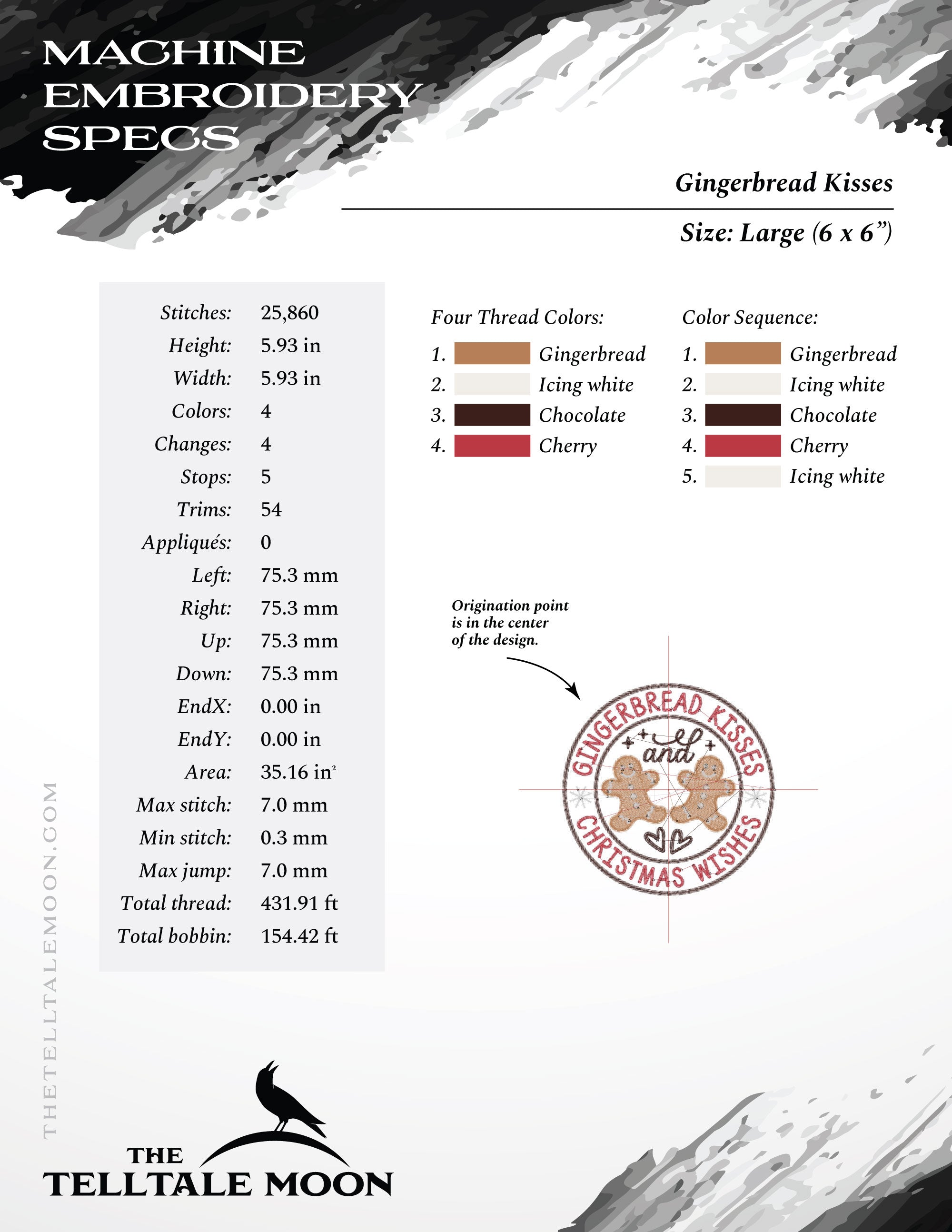 Embroidery: "Gingerbread Kisses" Christmas Bakery Logo - Seven Sizes Between 4 and 10 Inches