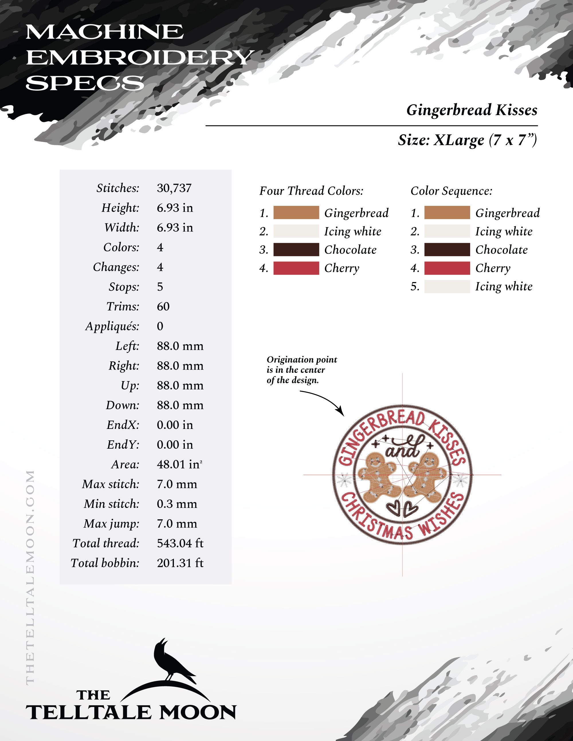 Embroidery: "Gingerbread Kisses" Christmas Bakery Logo - Seven Sizes Between 4 and 10 Inches