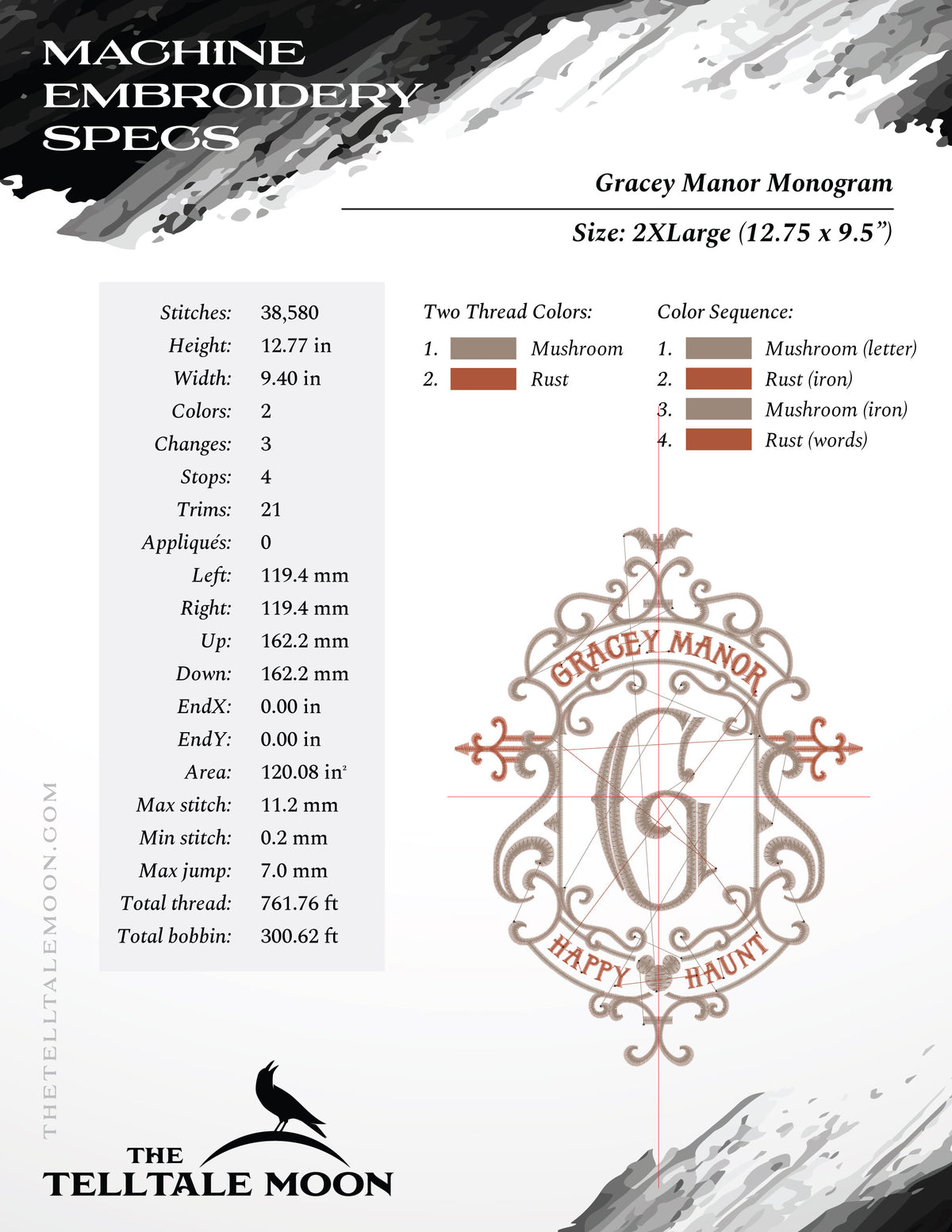 Embroidery: Gothic Gracey Mansion Monogram - Five Sizes 6.5 to 12.5 Inches