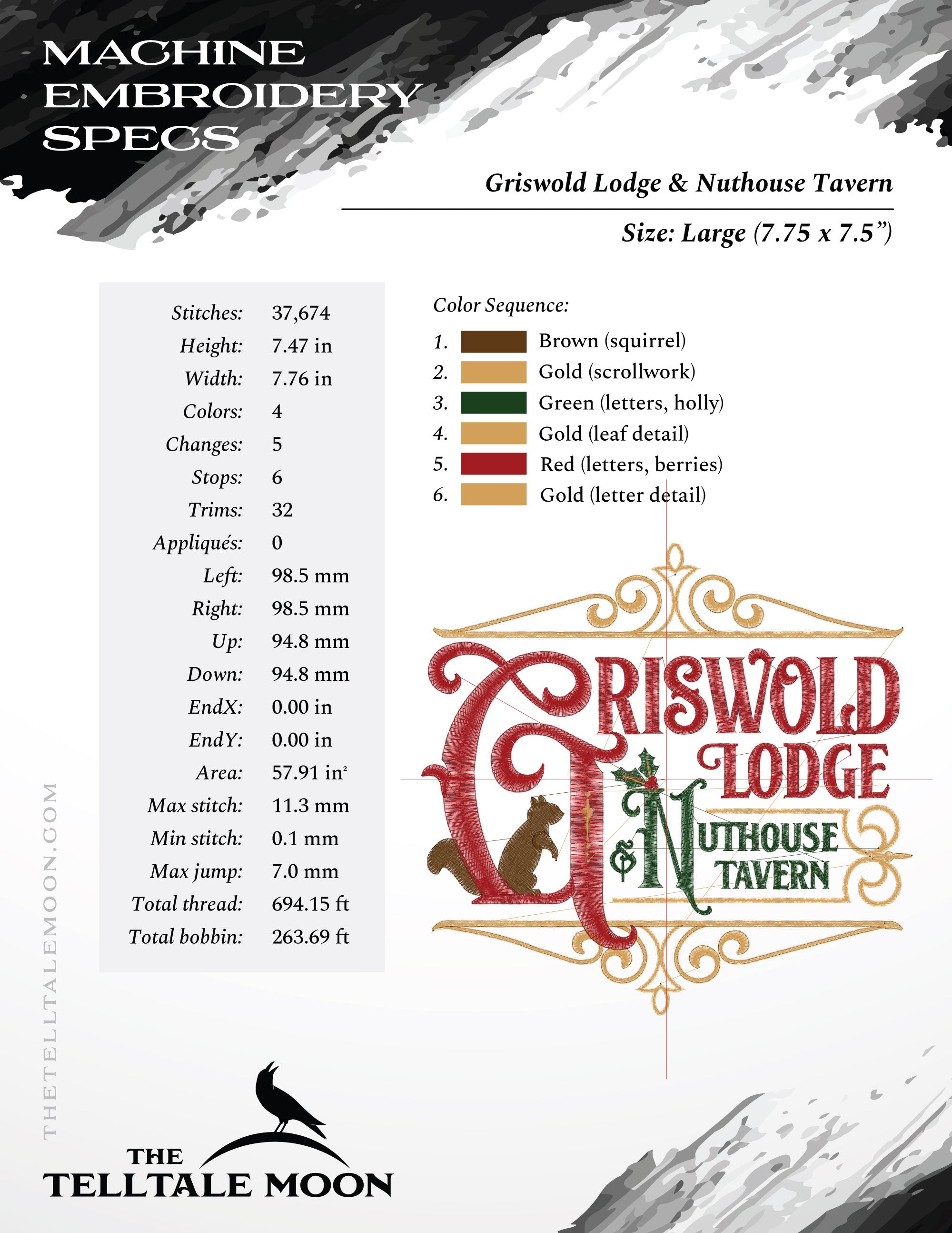 Embroidery: "Griswold Lodge & Nuthouse Tavern" - Three Sizes 6.5, 7.75, and 11 Inches - Four Thread Colors
