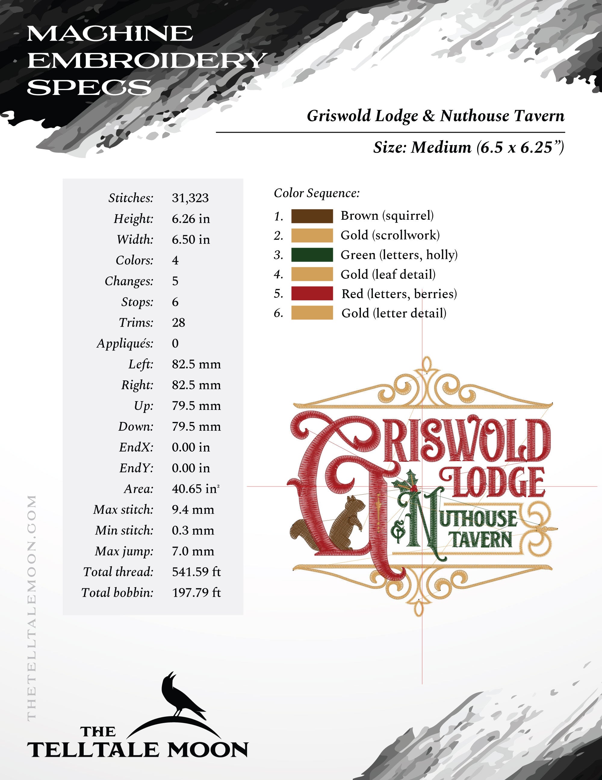 Embroidery: "Griswold Lodge & Nuthouse Tavern" - Three Sizes 6.5, 7.75, and 11 Inches - Four Thread Colors