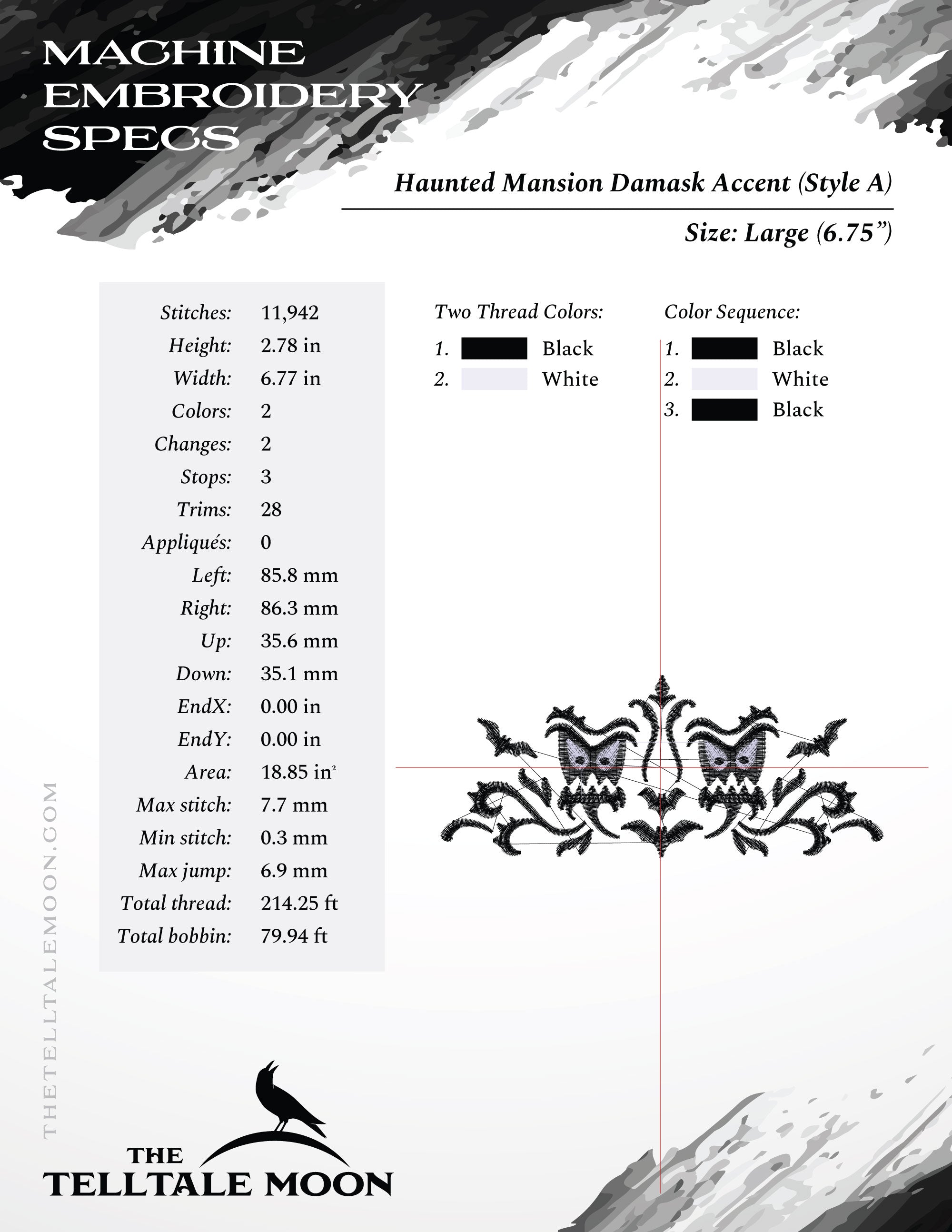 Embroidery Set of 2: Gothic Damask Inspired by Haunted Mansion (Two Versions, Three Sizes Each, Two Thread Colors)