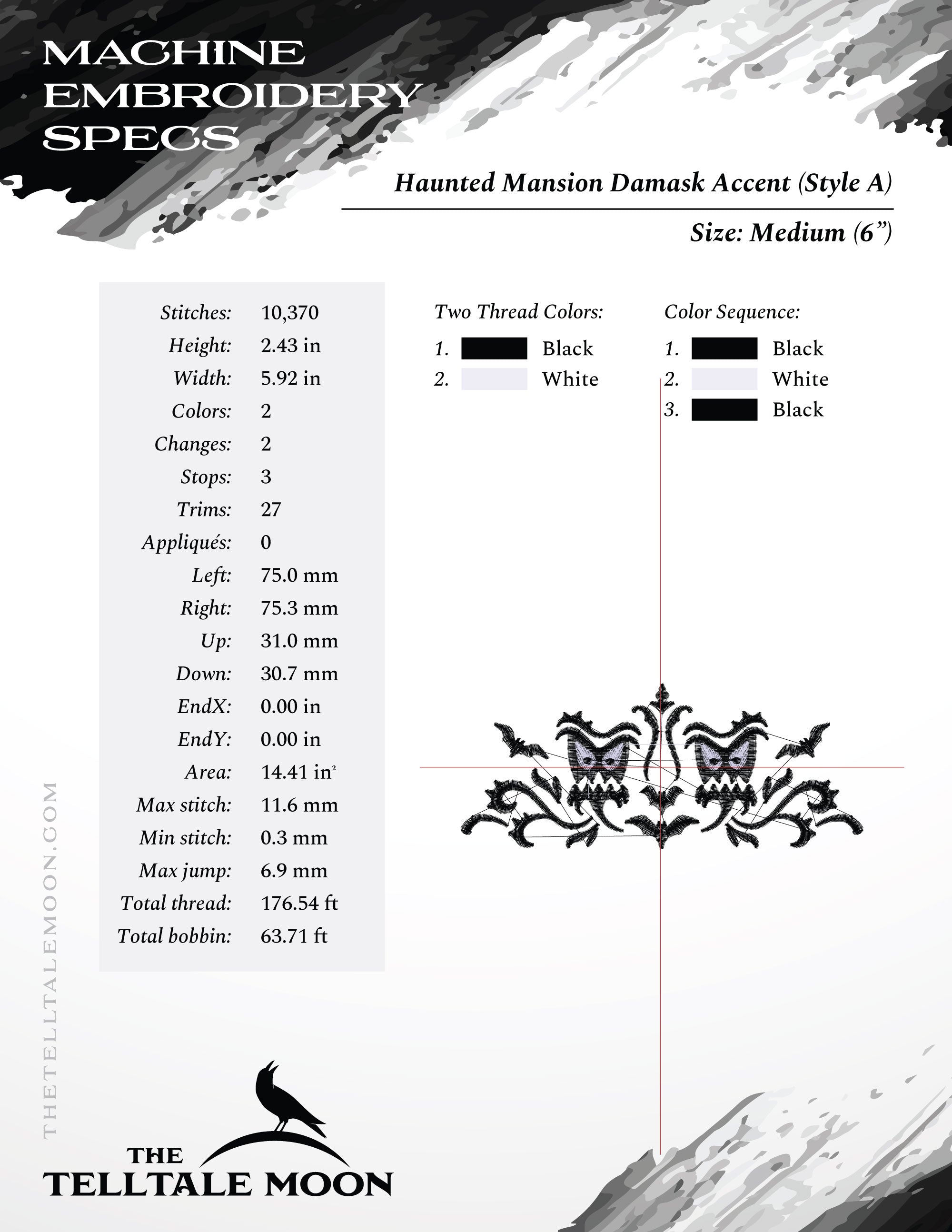 Embroidery Set of 2: Gothic Damask Inspired by Haunted Mansion (Two Versions, Three Sizes Each, Two Thread Colors)