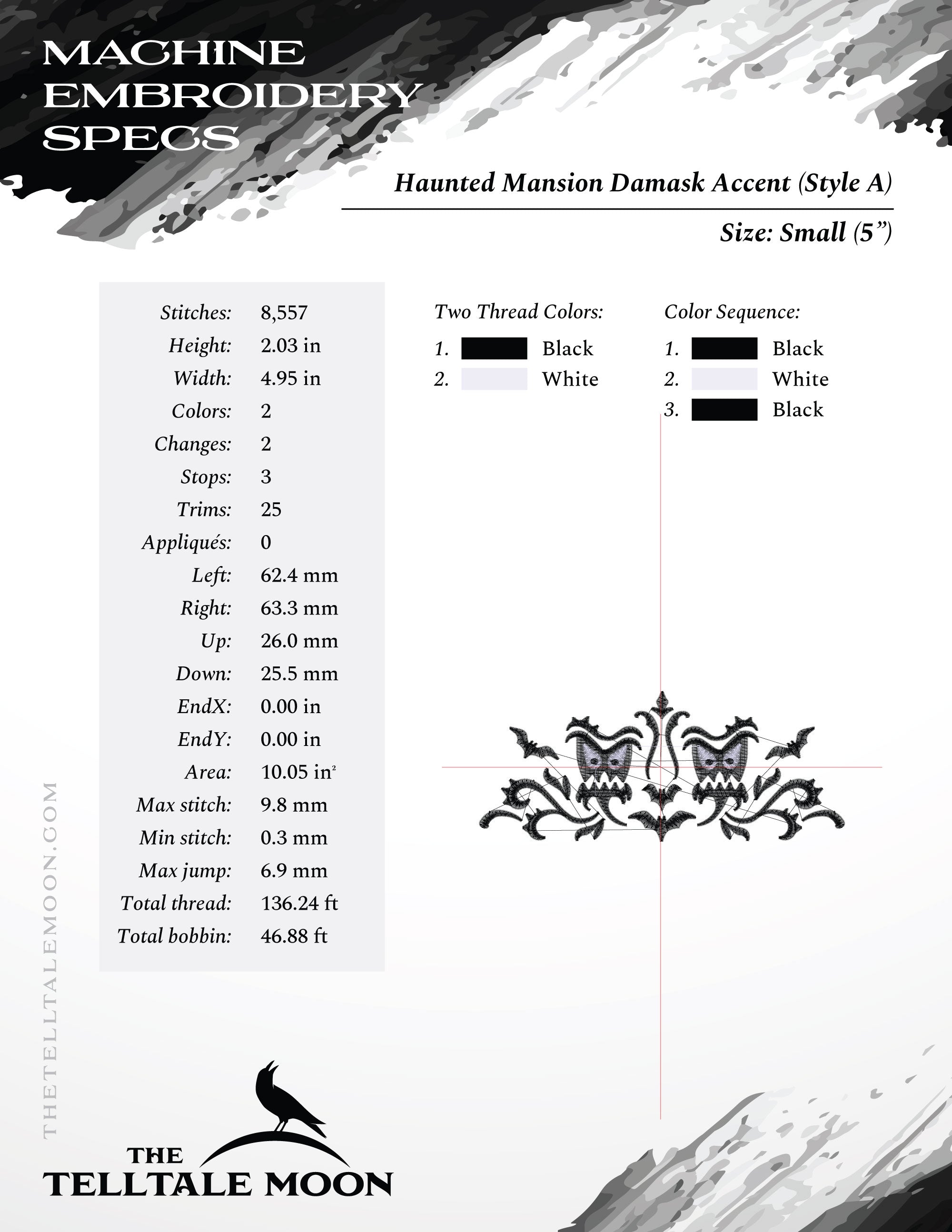 Embroidery Set of 2: Gothic Damask Inspired by Haunted Mansion (Two Versions, Three Sizes Each, Two Thread Colors)