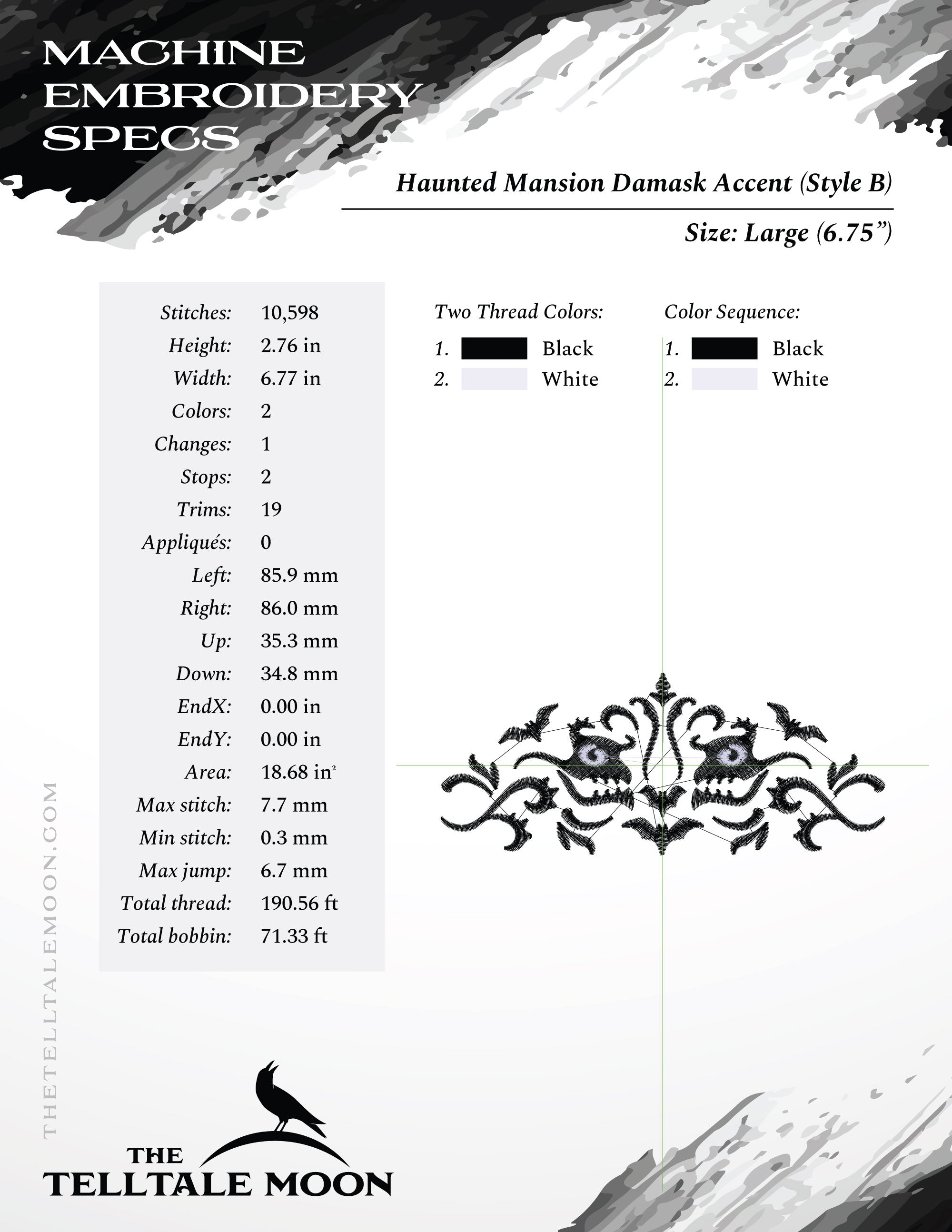 Embroidery Set of 2: Gothic Damask Inspired by Haunted Mansion (Two Versions, Three Sizes Each, Two Thread Colors)
