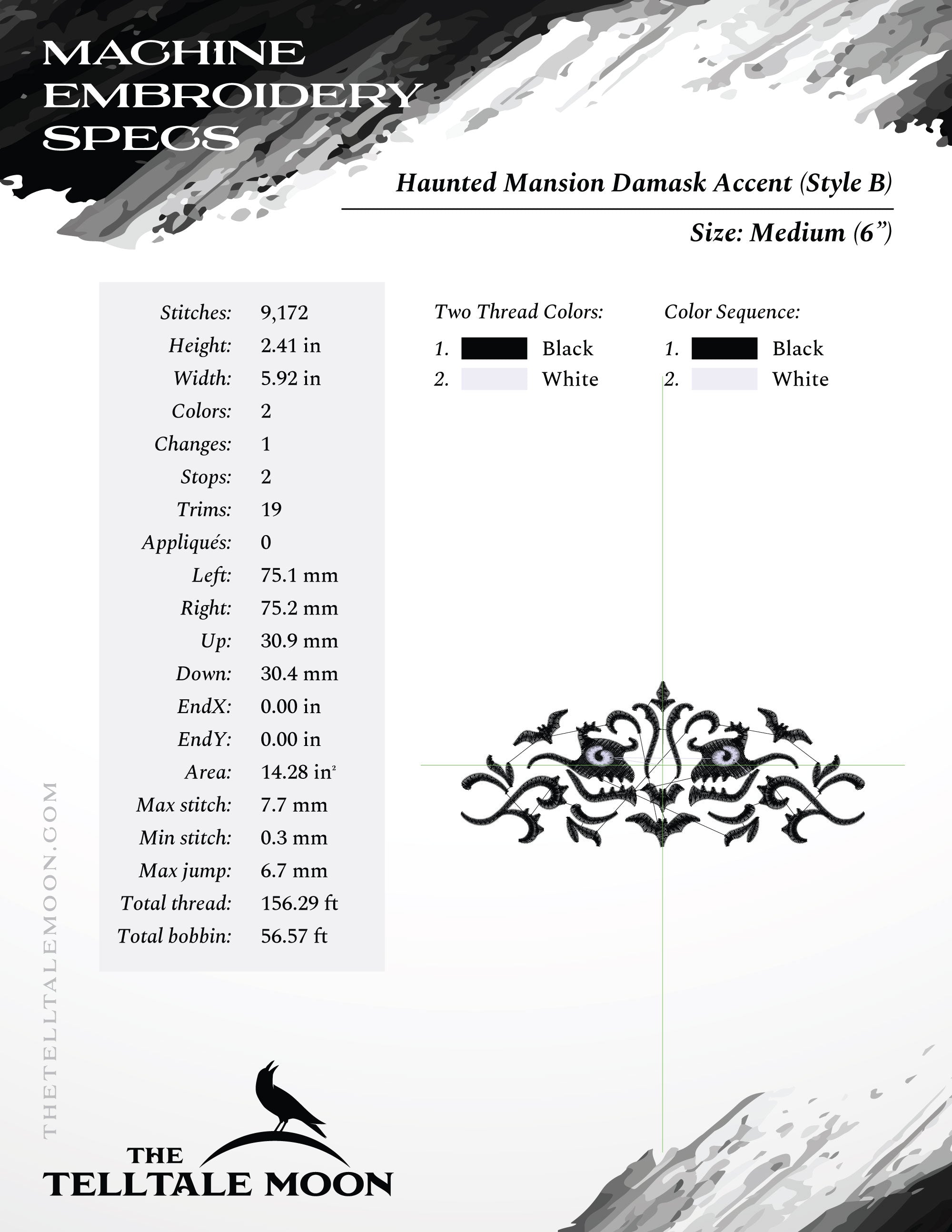 Embroidery Set of 2: Gothic Damask Inspired by Haunted Mansion (Two Versions, Three Sizes Each, Two Thread Colors)