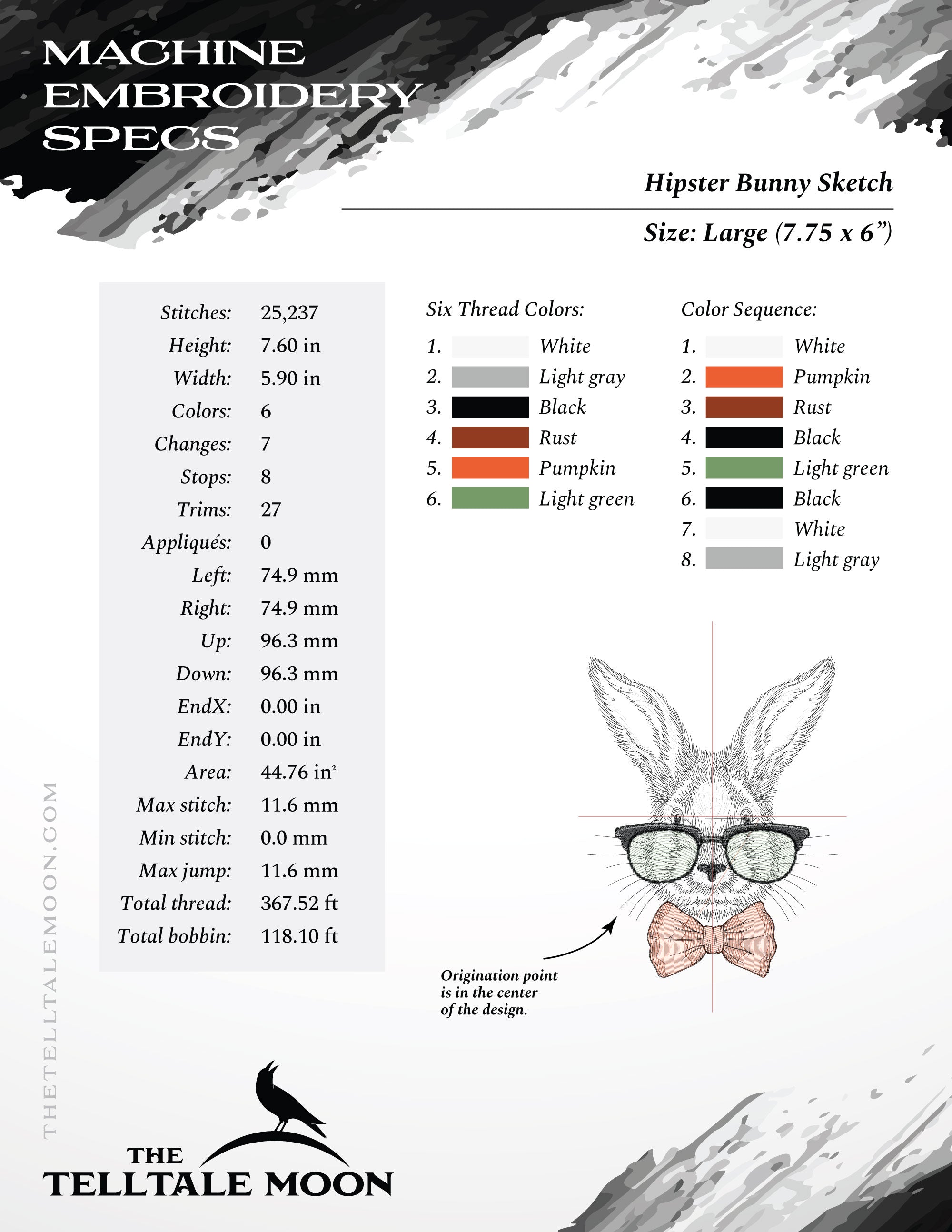 Embroidery: Hipster Bunny Sketch - 6, 7, 8, 9, and 10 Inches Tall