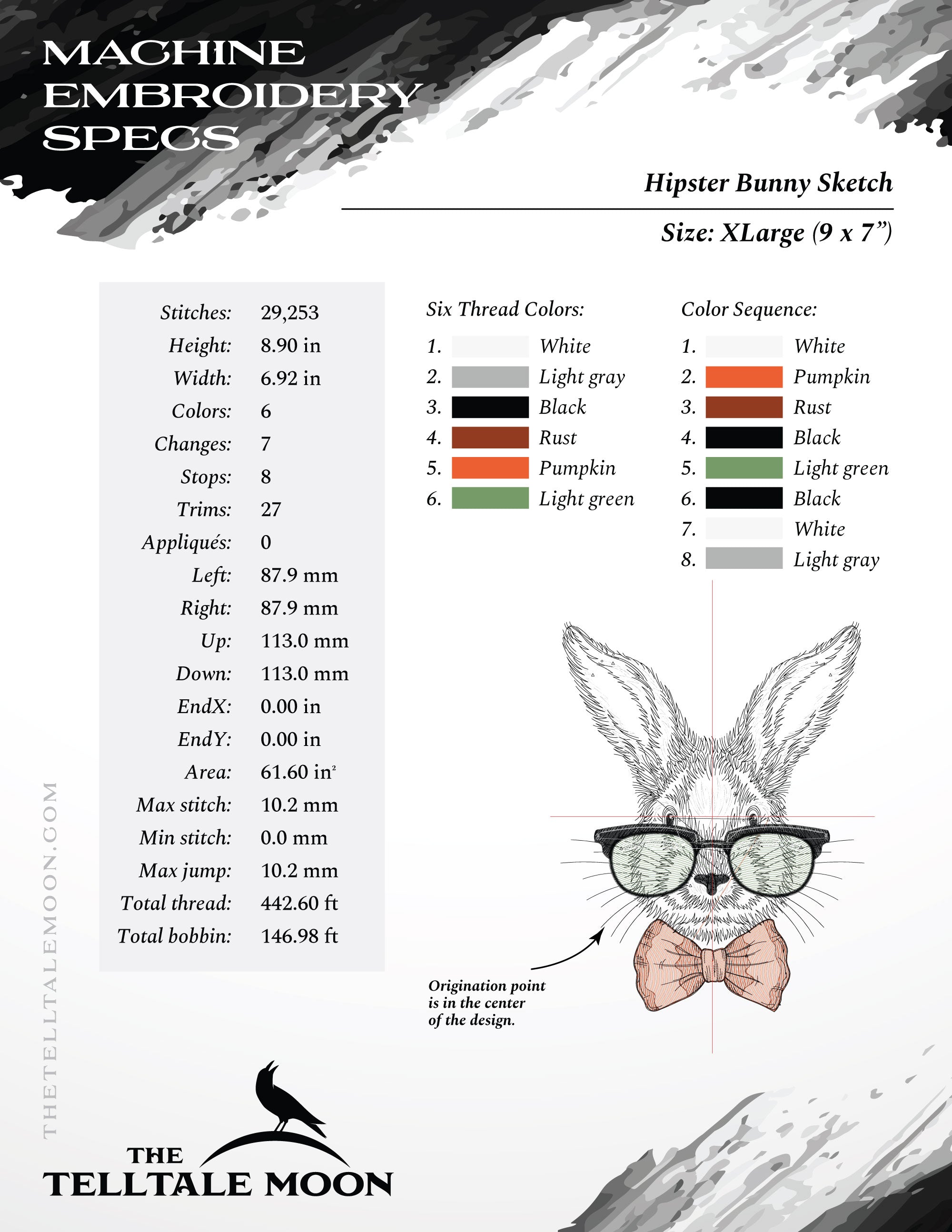 Embroidery: Hipster Bunny Sketch - 6, 7, 8, 9, and 10 Inches Tall