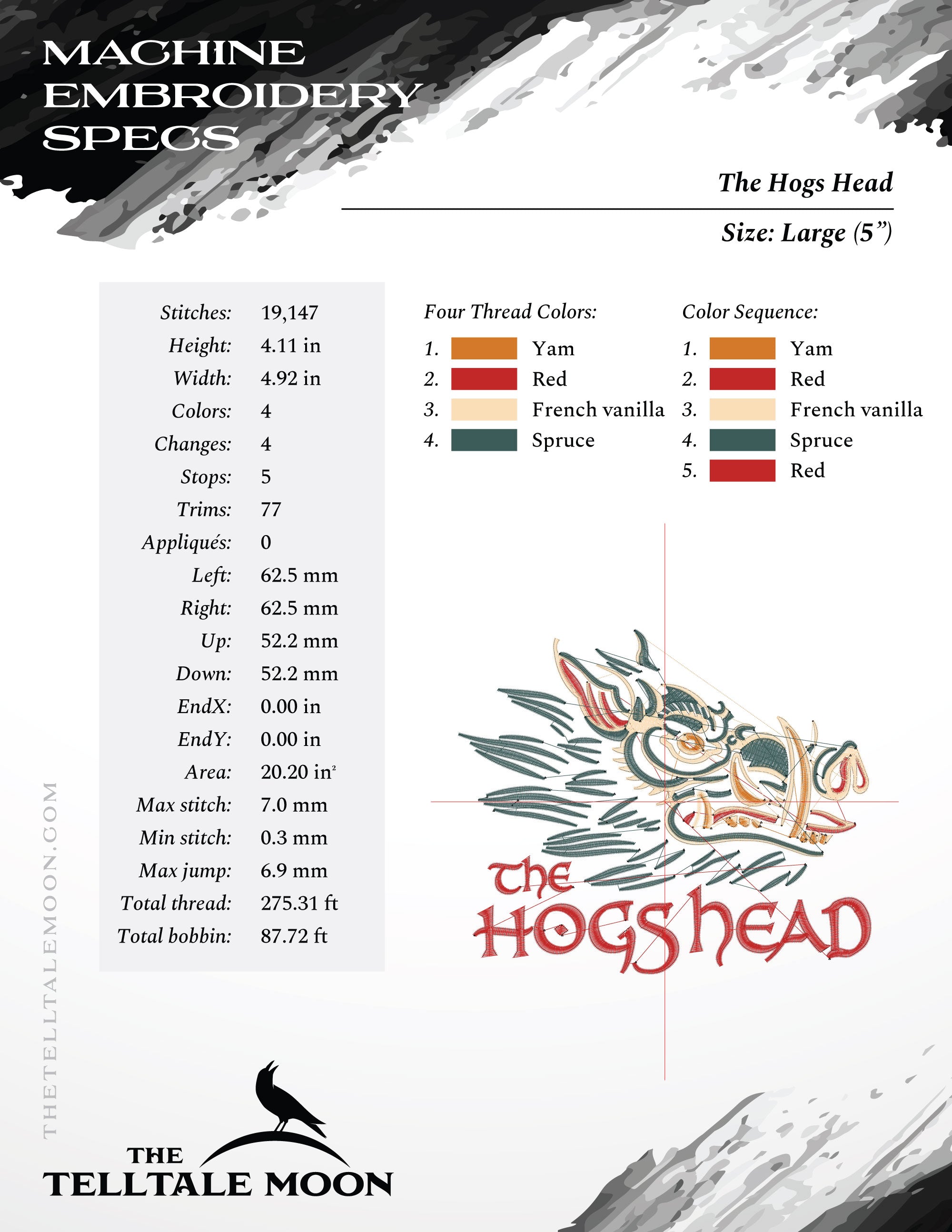 Embroidery Files: The Hogs Head in Seven Sizes - 3.5, 4, 5, 6, 7, 8, and 9 Inches - Four Thread Colors
