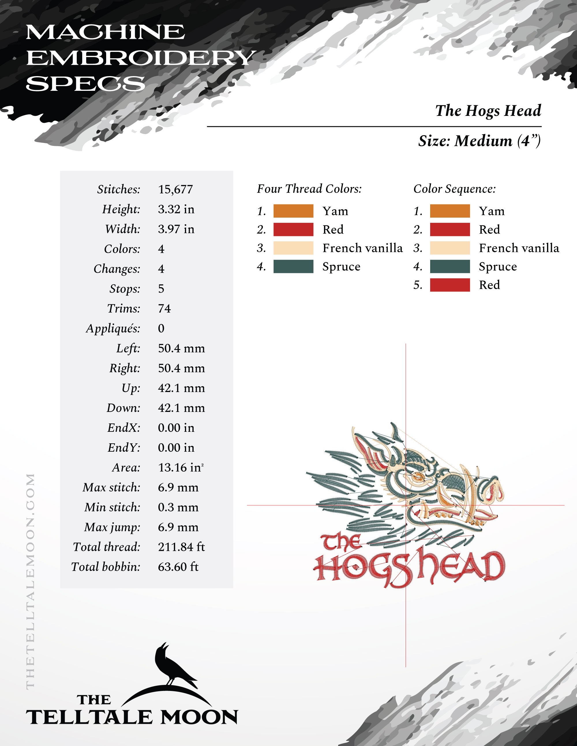 Embroidery Files: The Hogs Head in Seven Sizes - 3.5, 4, 5, 6, 7, 8, and 9 Inches - Four Thread Colors