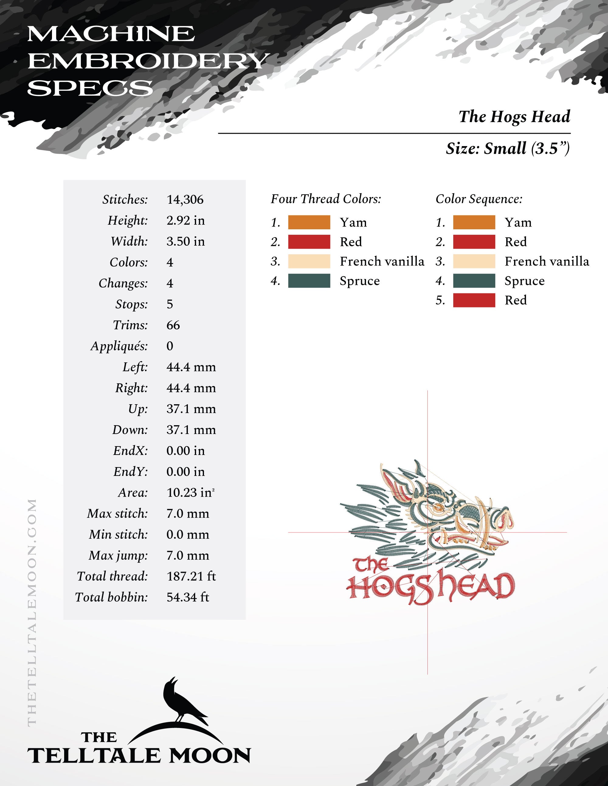 Embroidery Files: The Hogs Head in Seven Sizes - 3.5, 4, 5, 6, 7, 8, and 9 Inches - Four Thread Colors