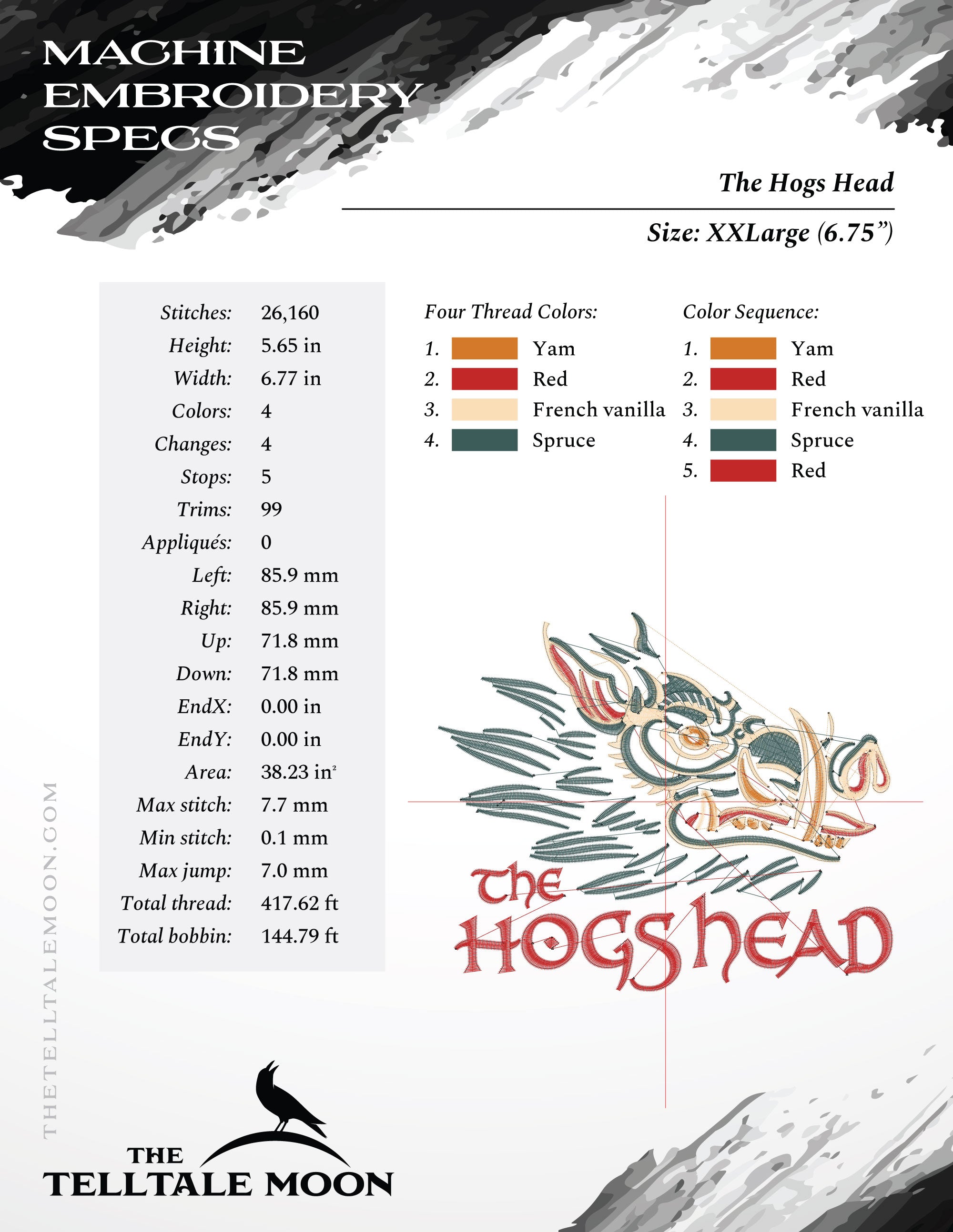 Embroidery Files: The Hogs Head in Seven Sizes - 3.5, 4, 5, 6, 7, 8, and 9 Inches - Four Thread Colors