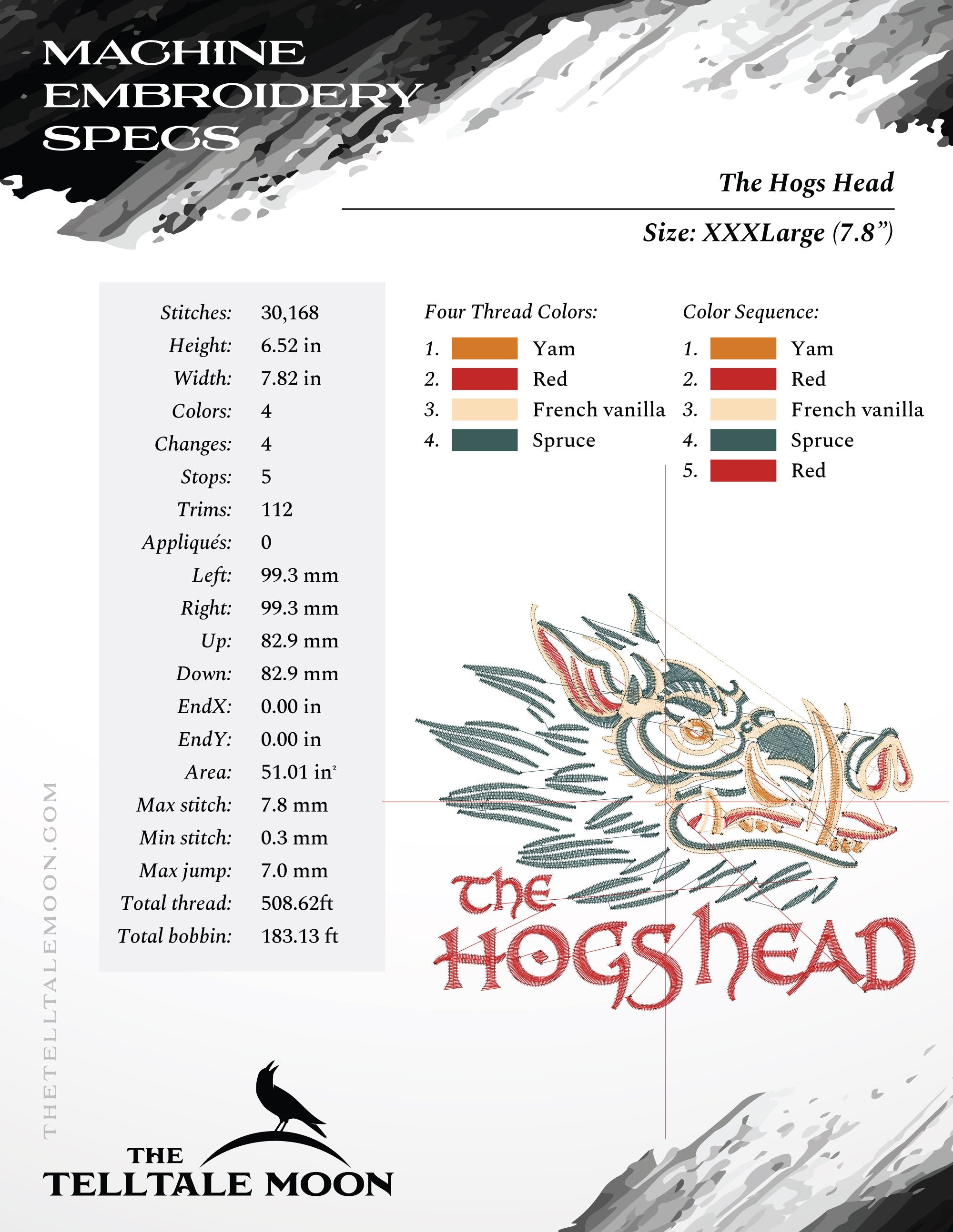 Embroidery Files: The Hogs Head in Seven Sizes - 3.5, 4, 5, 6, 7, 8, and 9 Inches - Four Thread Colors
