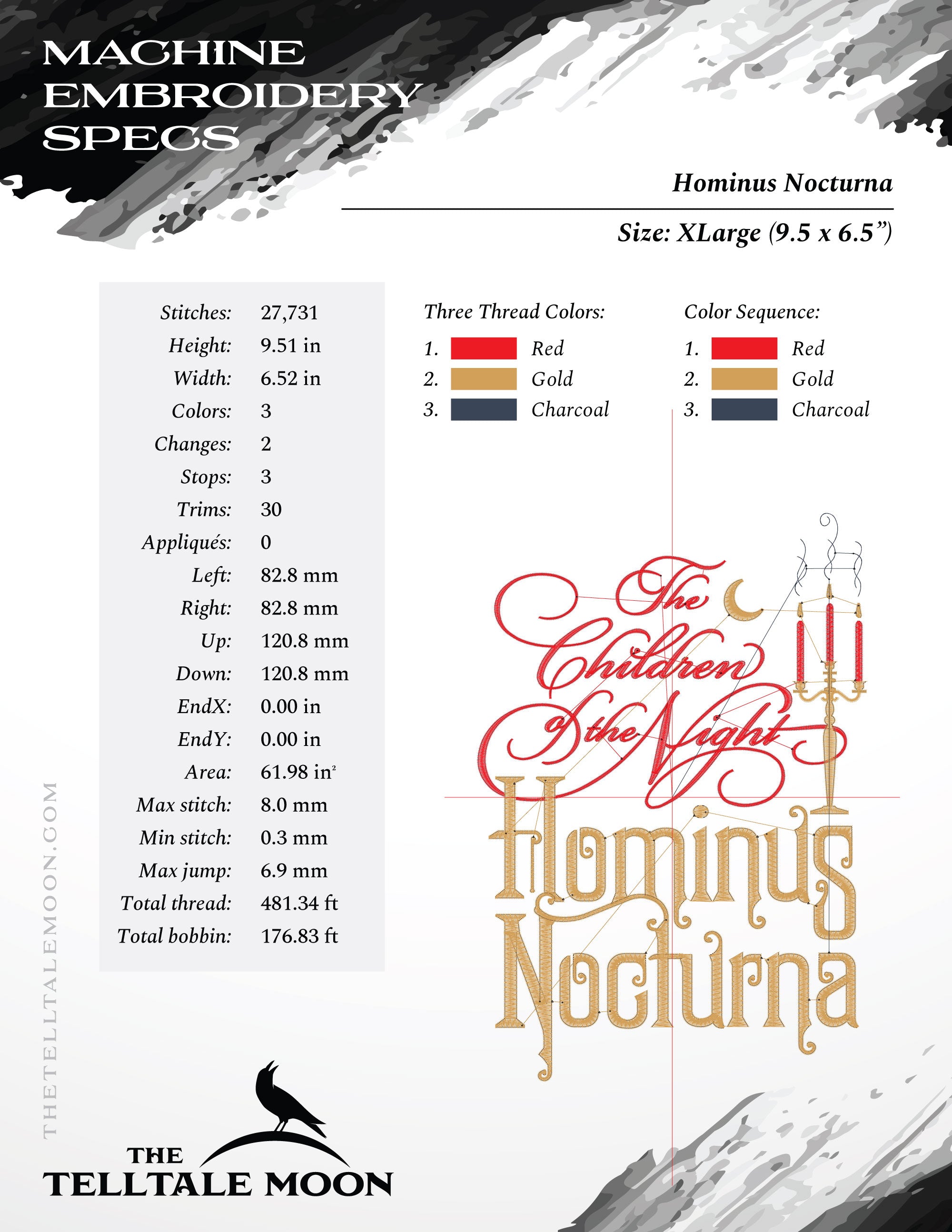 Embroidery: "Hominus Nocturna" Vintage Vampire Vibes (Four Sizes 7 to 9 Inches Tall, Three Thread Colors)