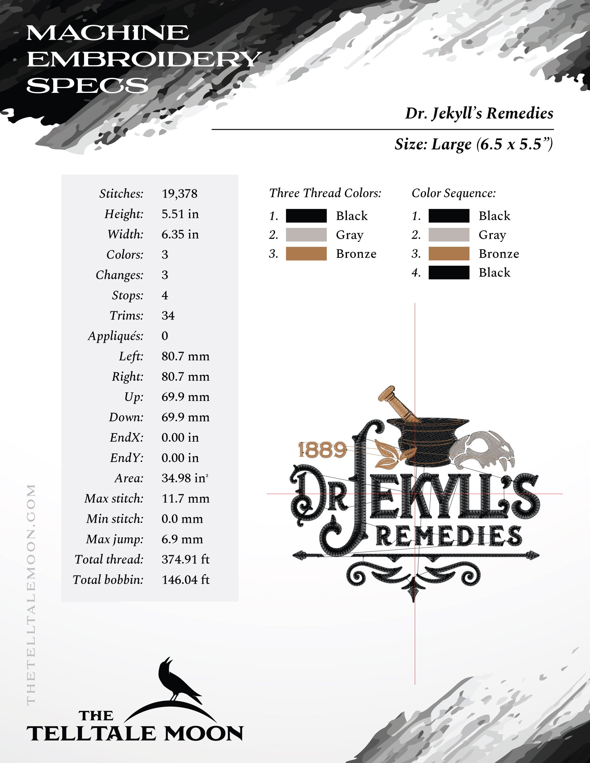 Embroidery: "Dr. Jekyll's Remedies" Vintage Style - 4.75, 5.5, and 6 Inches Wide