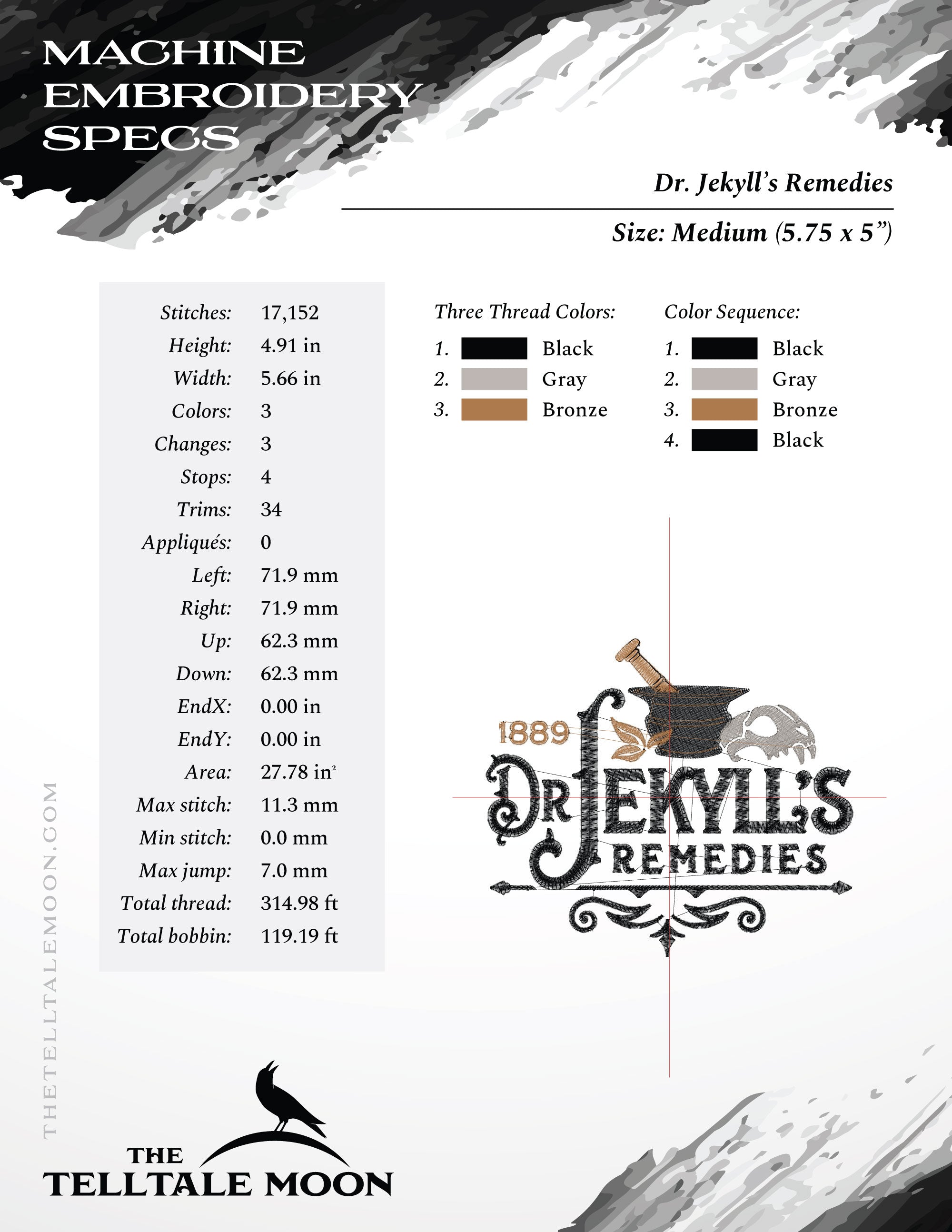 Embroidery: "Dr. Jekyll's Remedies" Vintage Style - 4.75, 5.5, and 6 Inches Wide