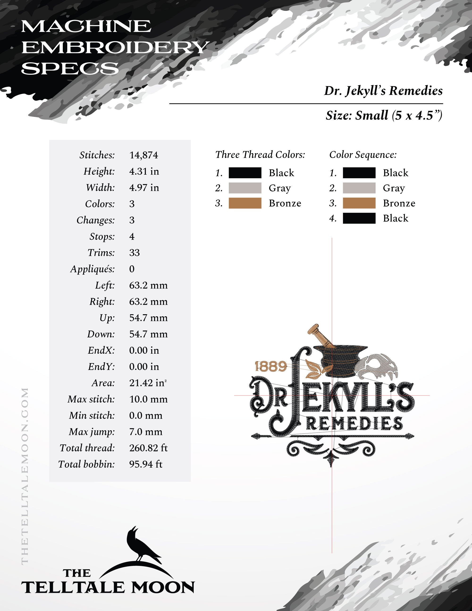 Embroidery: "Dr. Jekyll's Remedies" Vintage Style - 4.75, 5.5, and 6 Inches Wide