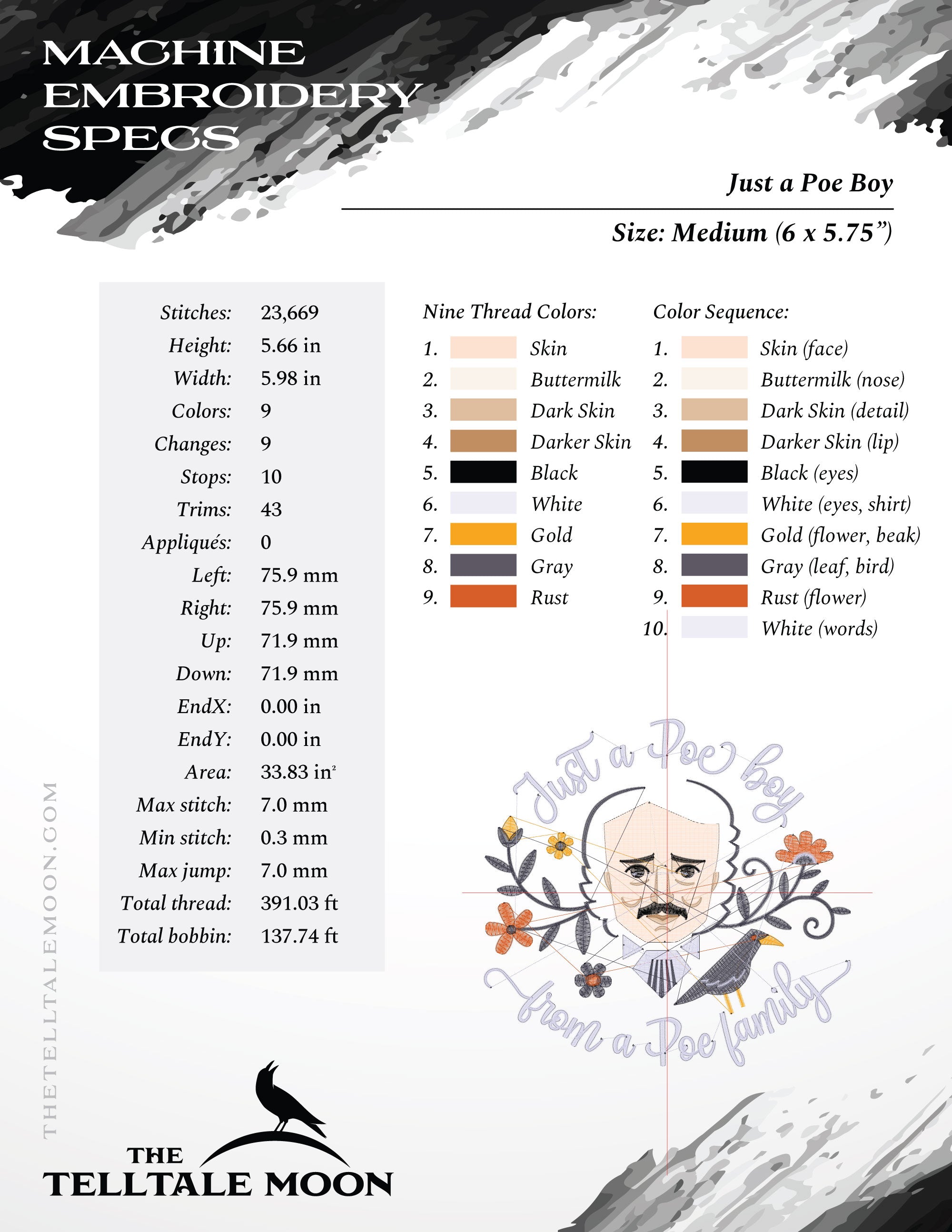 Embroidery: Darkly Fun Edgar Allen Poe Design (5, 6, 7, and 8 Inches; Up To 9 Thread Colors)