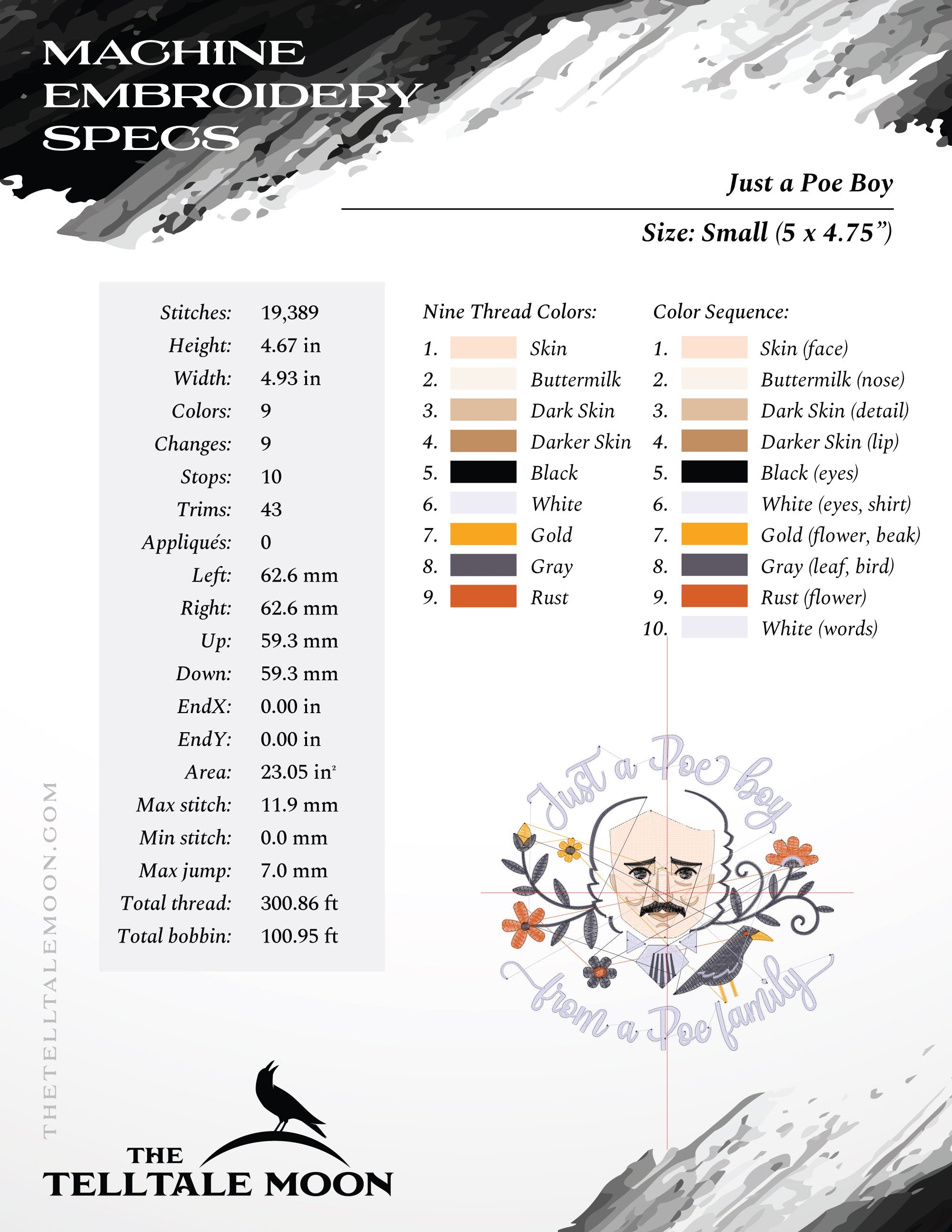 Embroidery: Darkly Fun Edgar Allen Poe Design (5, 6, 7, and 8 Inches; Up To 9 Thread Colors)