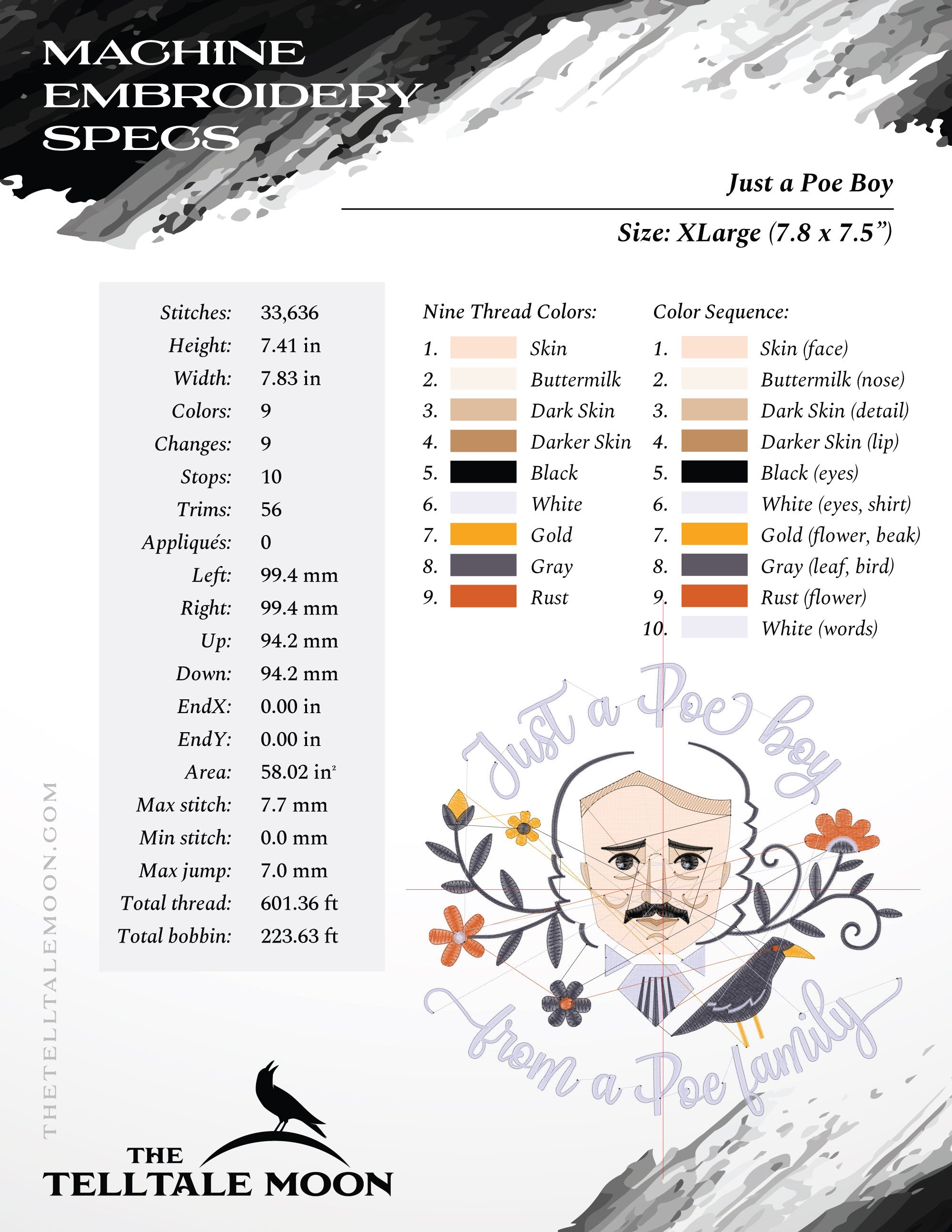 Embroidery: Darkly Fun Edgar Allen Poe Design (5, 6, 7, and 8 Inches; Up To 9 Thread Colors)
