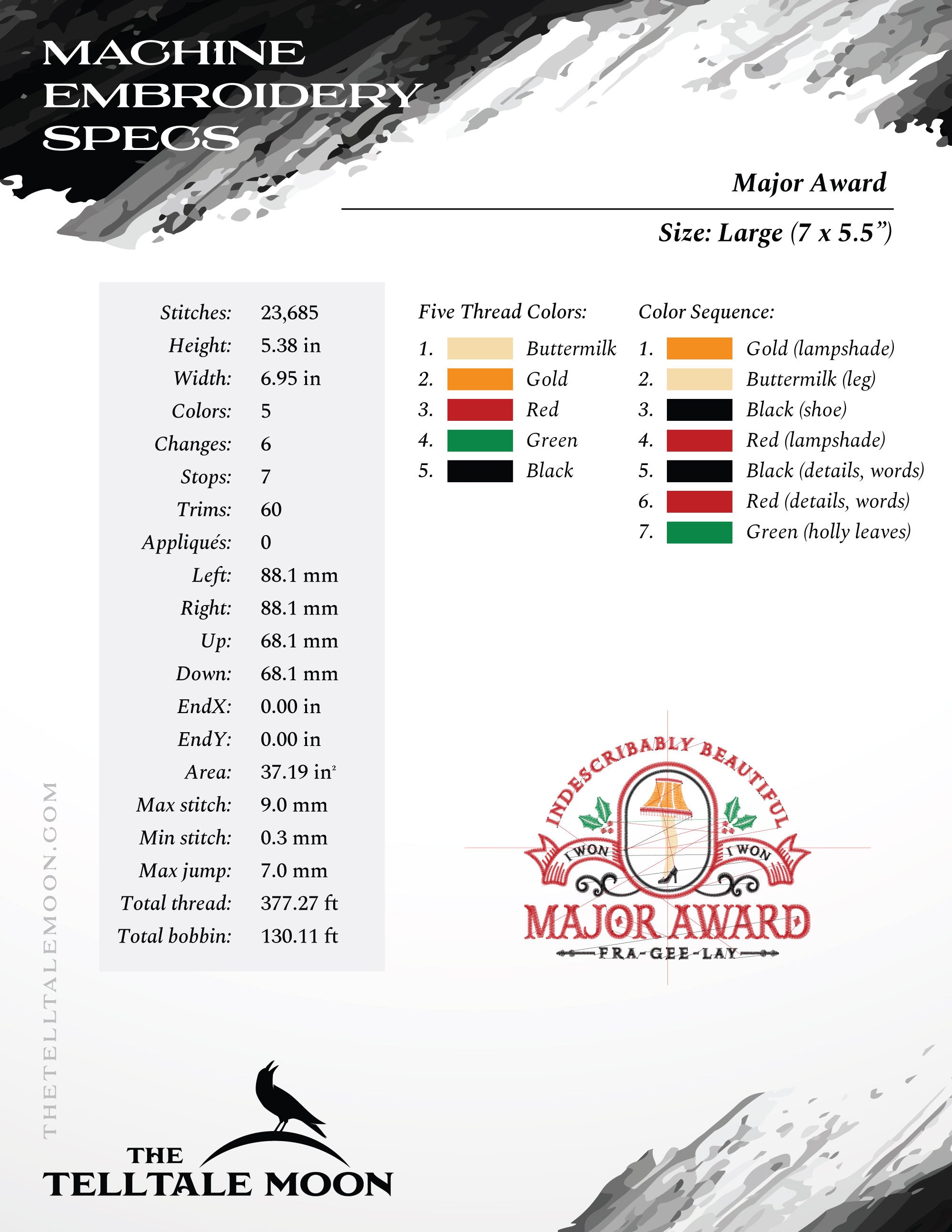 Embroidery: "Major Award" Leg Lamp Sign - Six Sizes 6 to 12 Inches Wide