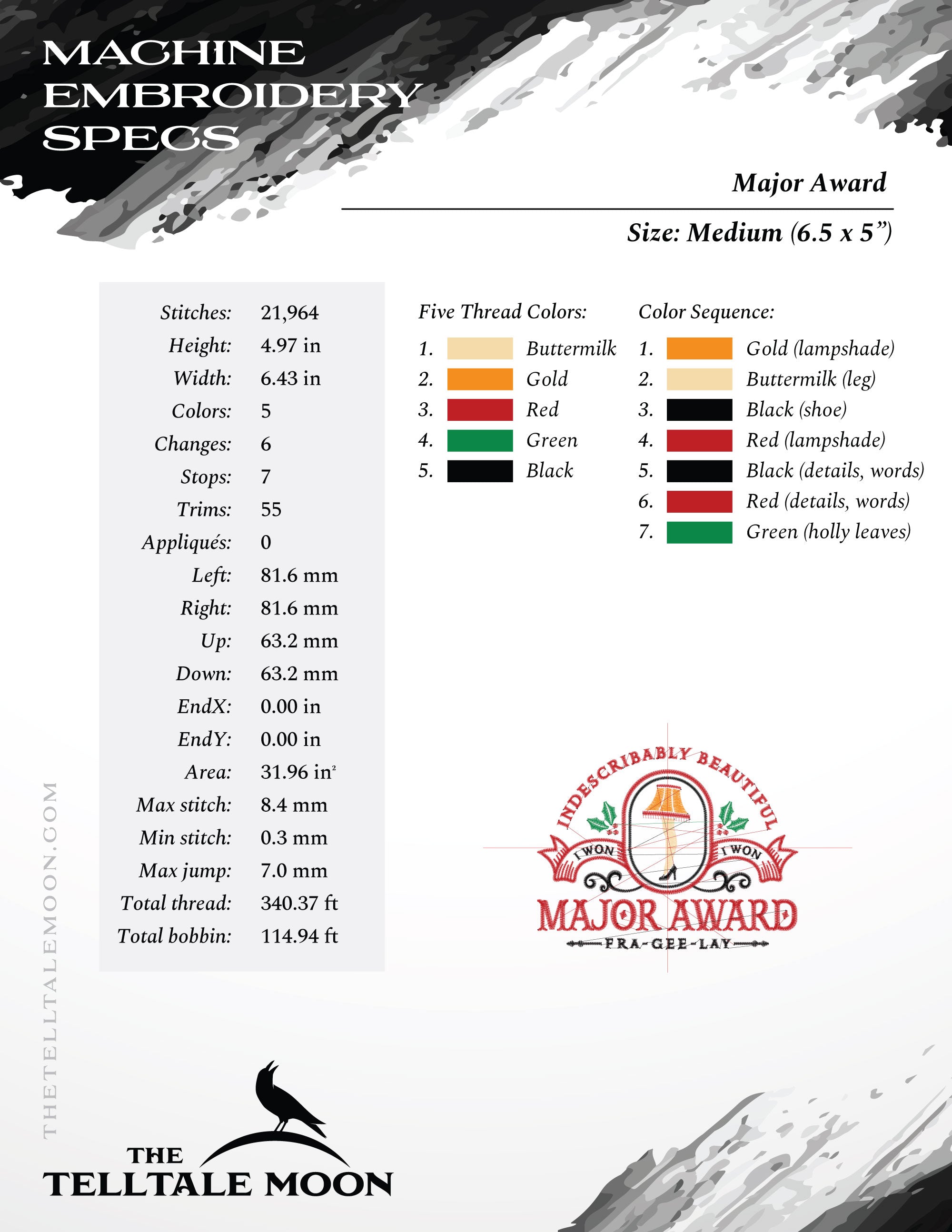 Embroidery: "Major Award" Leg Lamp Sign - Six Sizes 6 to 12 Inches Wide