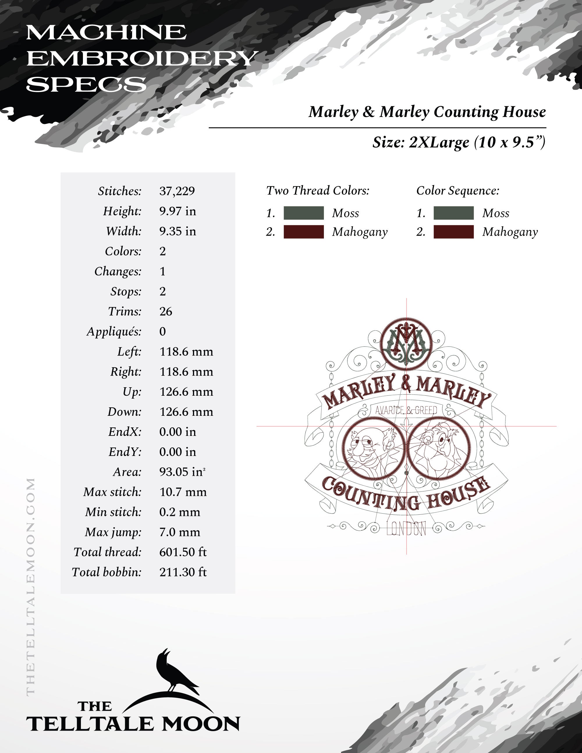 Embroidery: "Marley and Marley Counting House" - Seven Sizes Between 5 and 12 Inches