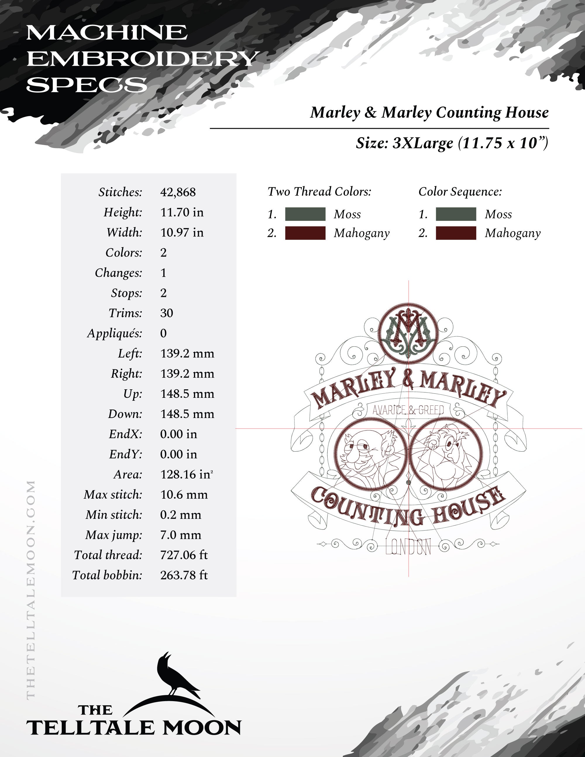 Embroidery: "Marley and Marley Counting House" - Seven Sizes Between 5 and 12 Inches