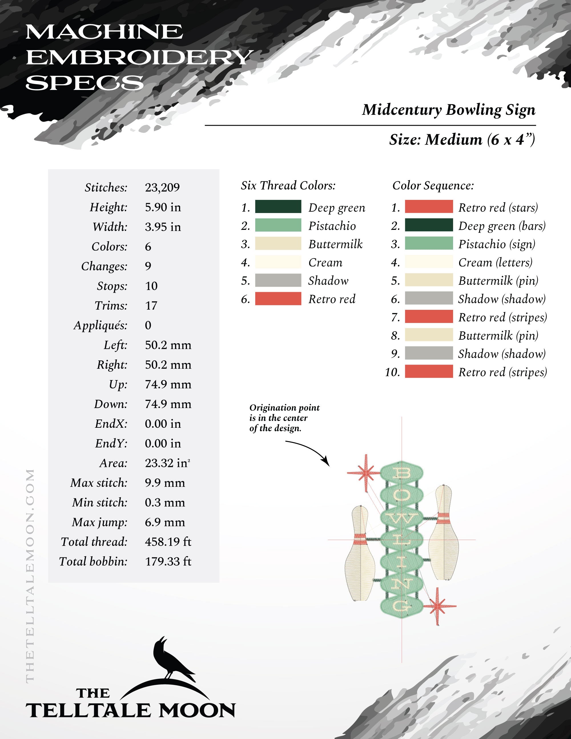 Embroidery: Midcentury Bowling Sign - About 5, 6, 7, 8, and 9 Inches Tall