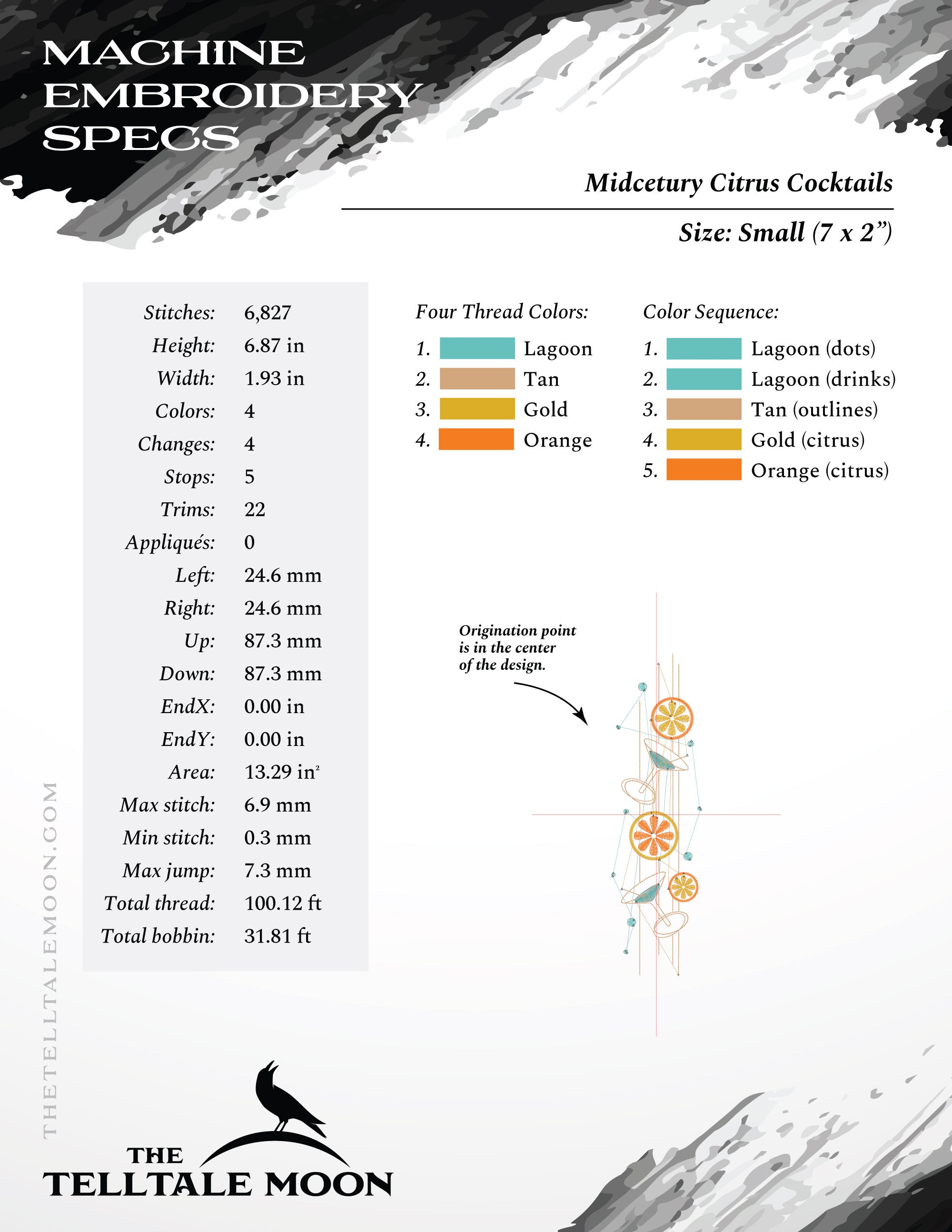 Embroidery: Midcentury "Cocktails & Citrus" Pocket Design - 7, 8, 9, 10, and 12 Inches Tall