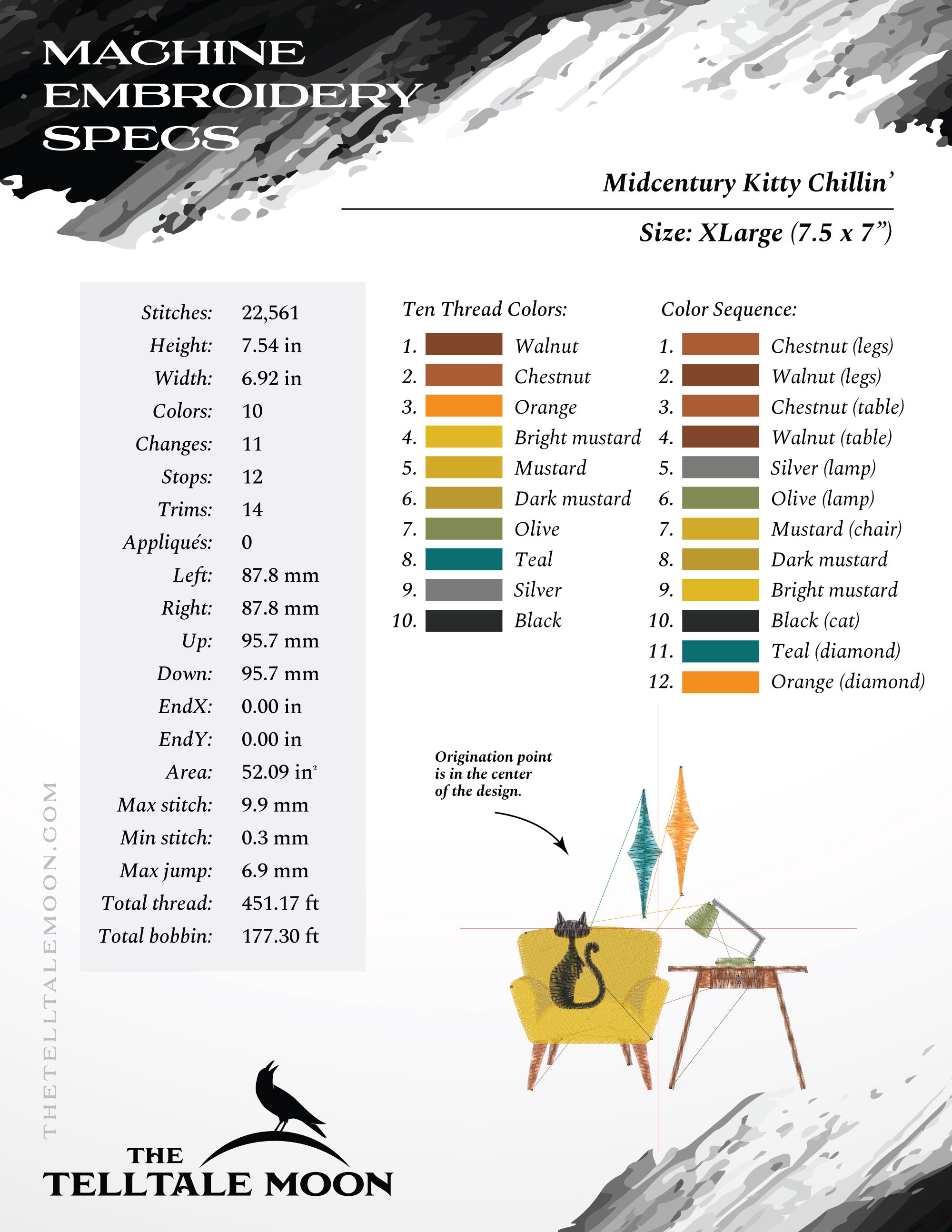 Embroidery: Midcentury Kitty Chillin' - Five Sizes 5 to 9 Inches