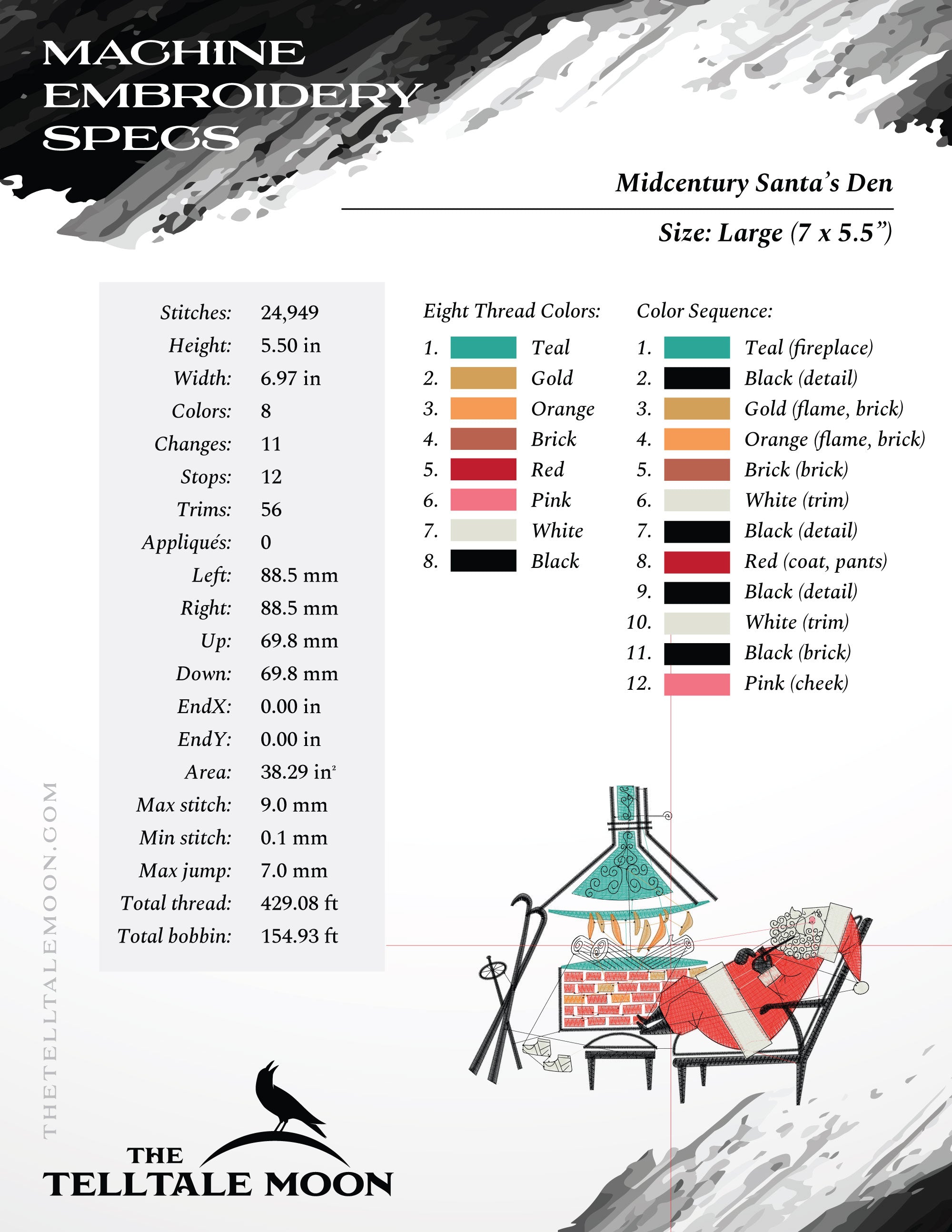 Embroidery Files: Midcentury "Santa's Den" (Six Sizes Between 6 and 9 Inches Wide)