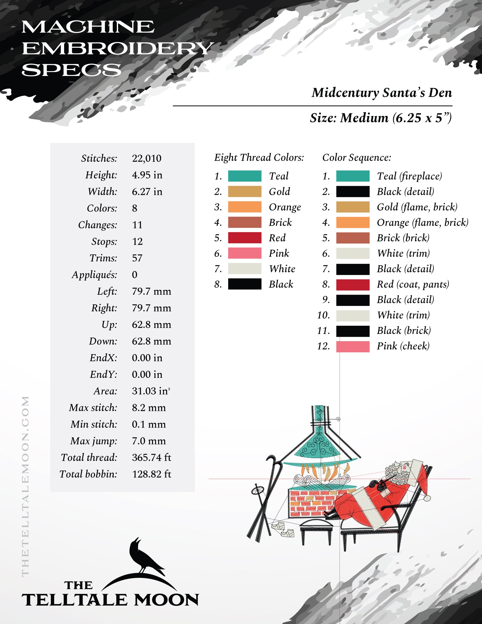 Embroidery Files: Midcentury "Santa's Den" (Six Sizes Between 6 and 9 Inches Wide)