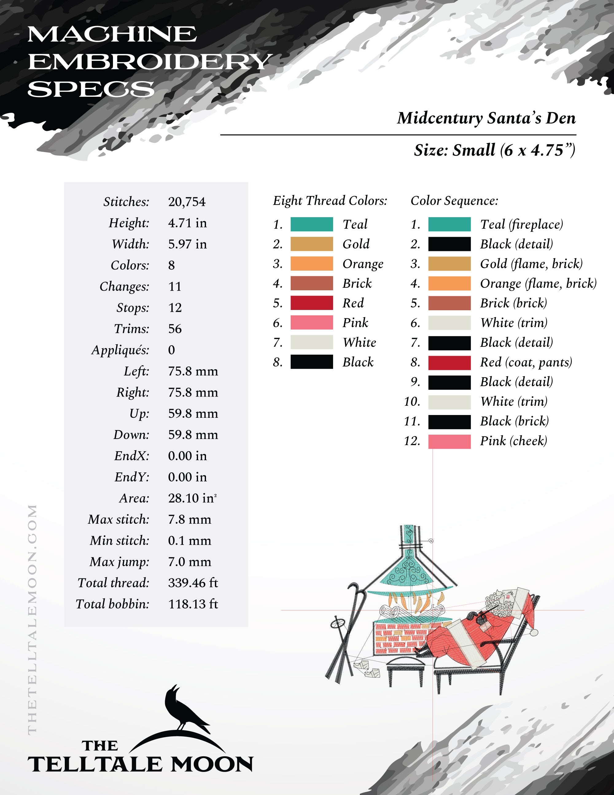 Embroidery Files: Midcentury "Santa's Den" (Six Sizes Between 6 and 9 Inches Wide)