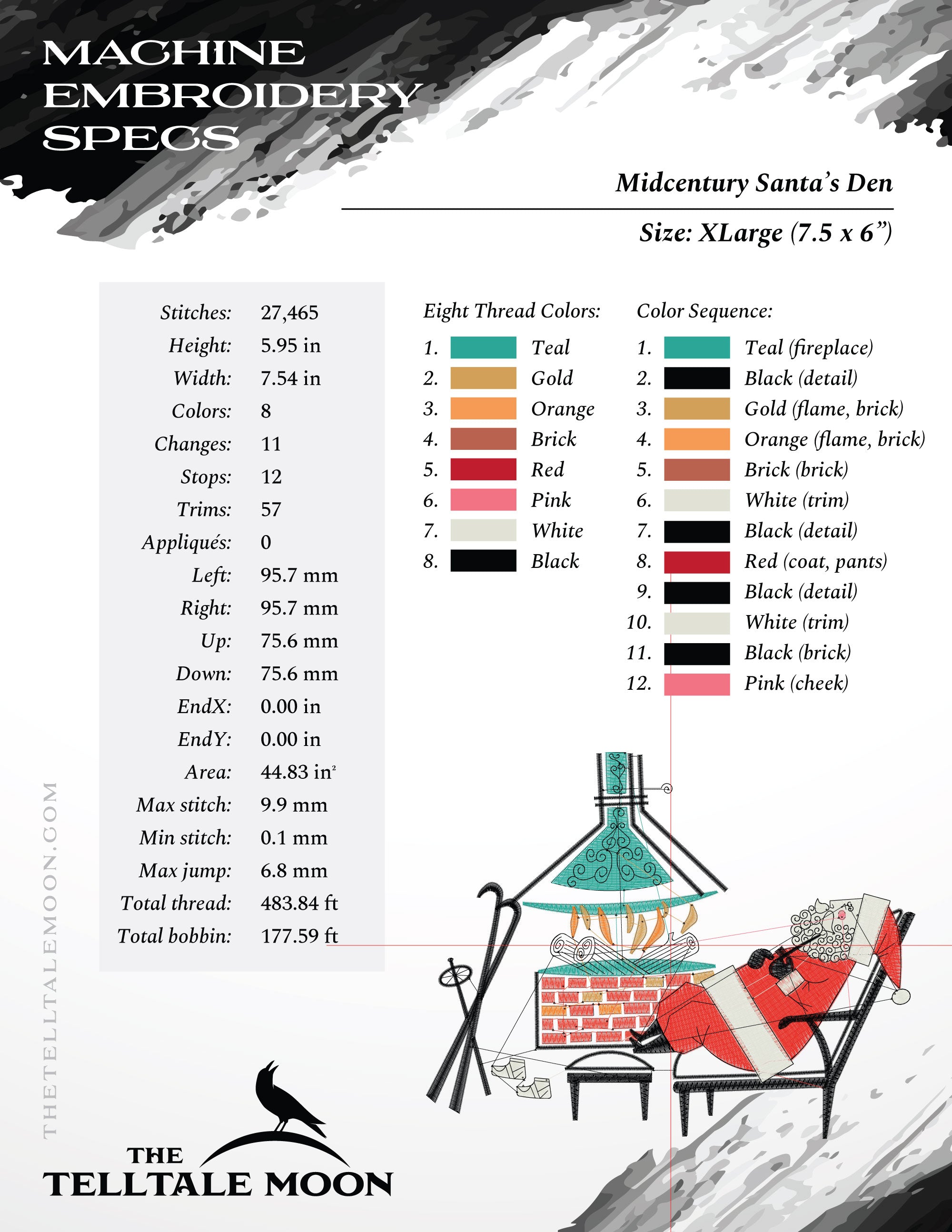 Embroidery Files: Midcentury "Santa's Den" (Six Sizes Between 6 and 9 Inches Wide)