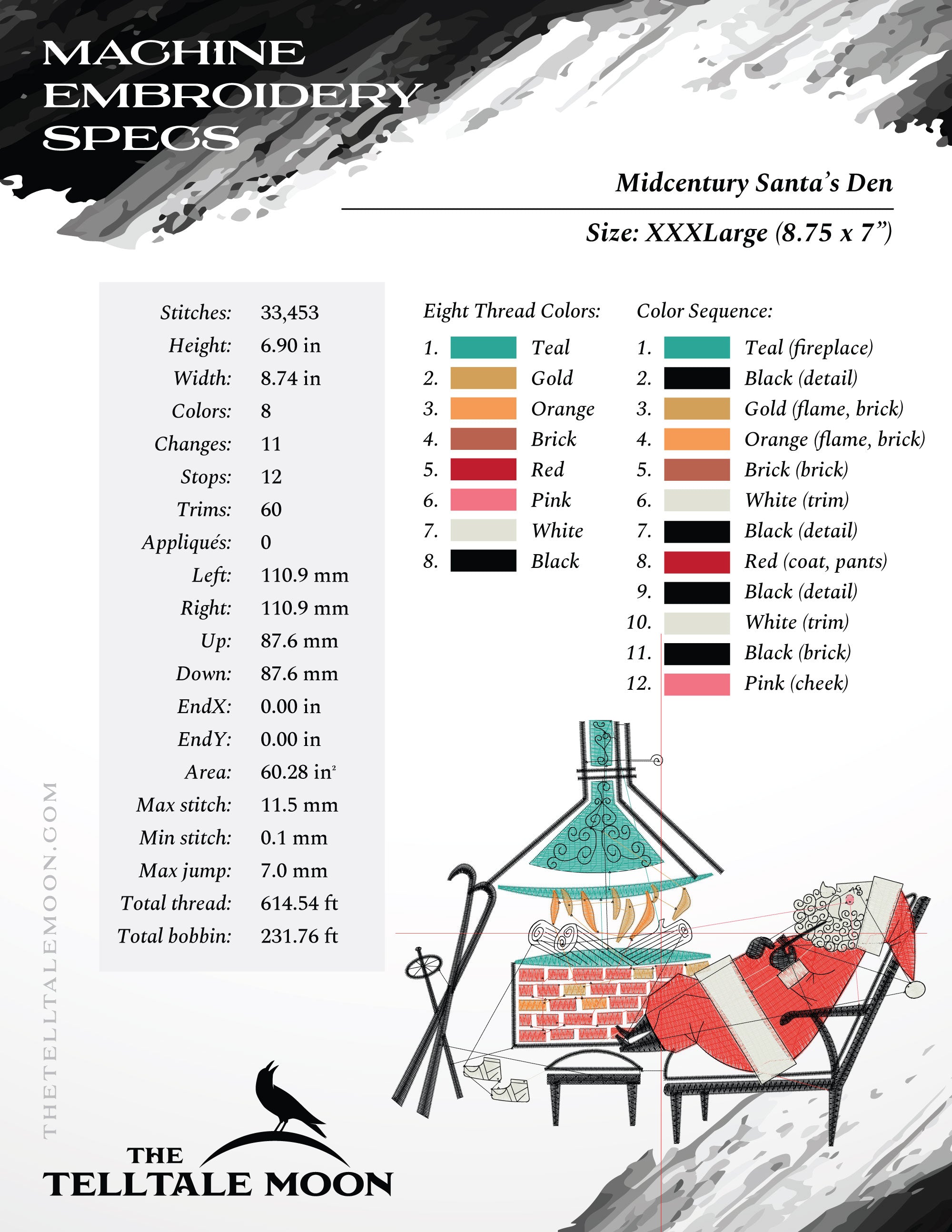 Embroidery Files: Midcentury "Santa's Den" (Six Sizes Between 6 and 9 Inches Wide)