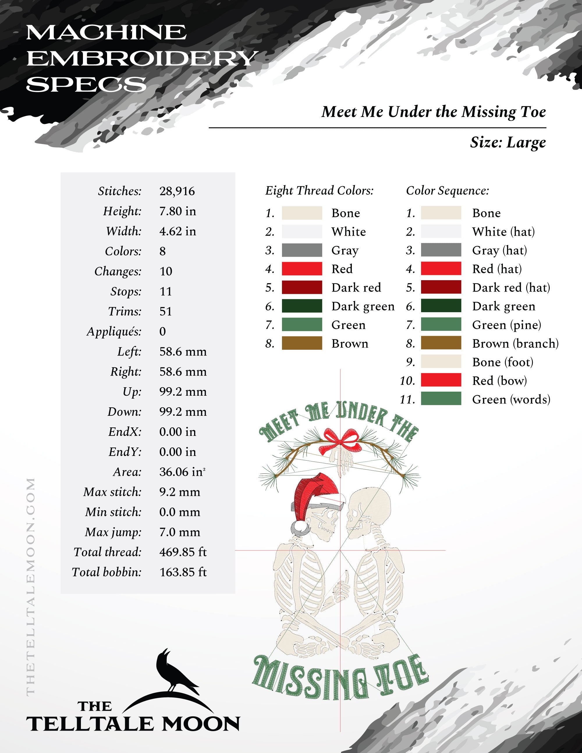 Machine Embroidery: Gothic Holiday Humor "Meet Me Under the Missing Toe" Design (6.9 and 7.8 Inches, 8 Thread Colors)