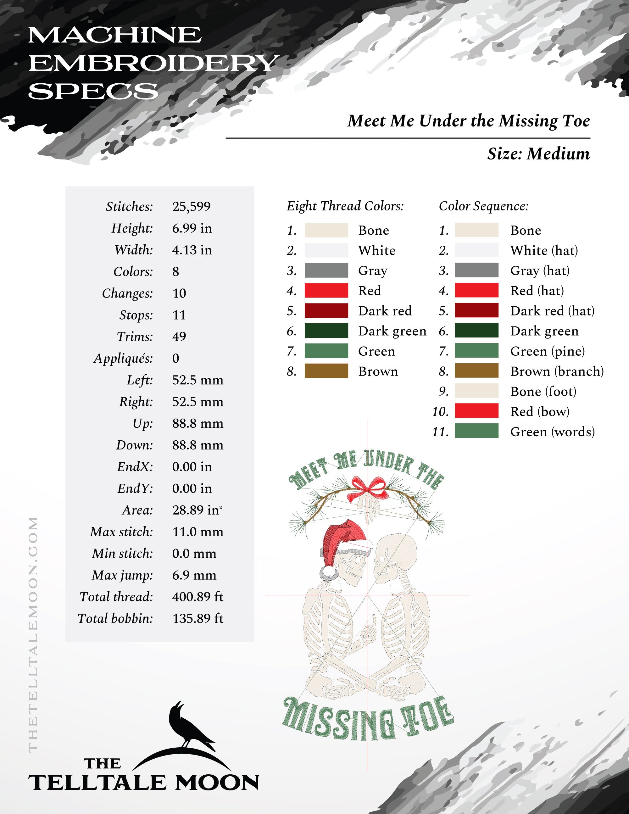 Machine Embroidery: Gothic Holiday Humor "Meet Me Under the Missing Toe" Design (6.9 and 7.8 Inches, 8 Thread Colors)