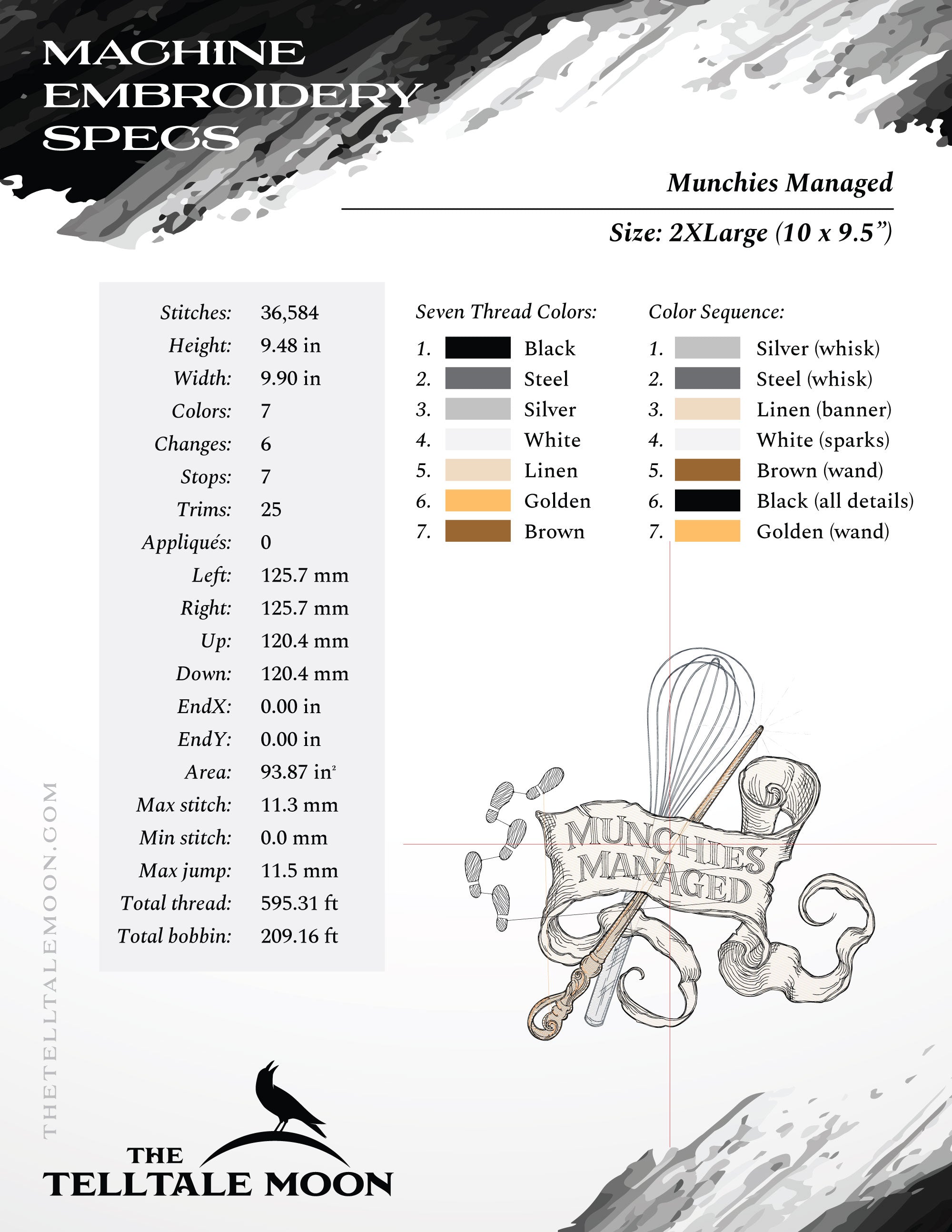 Embroidery: Sketch-style "Munchies Managed" Design - 5, 6, 7, 8, 9, 10, and 12 Inches Square