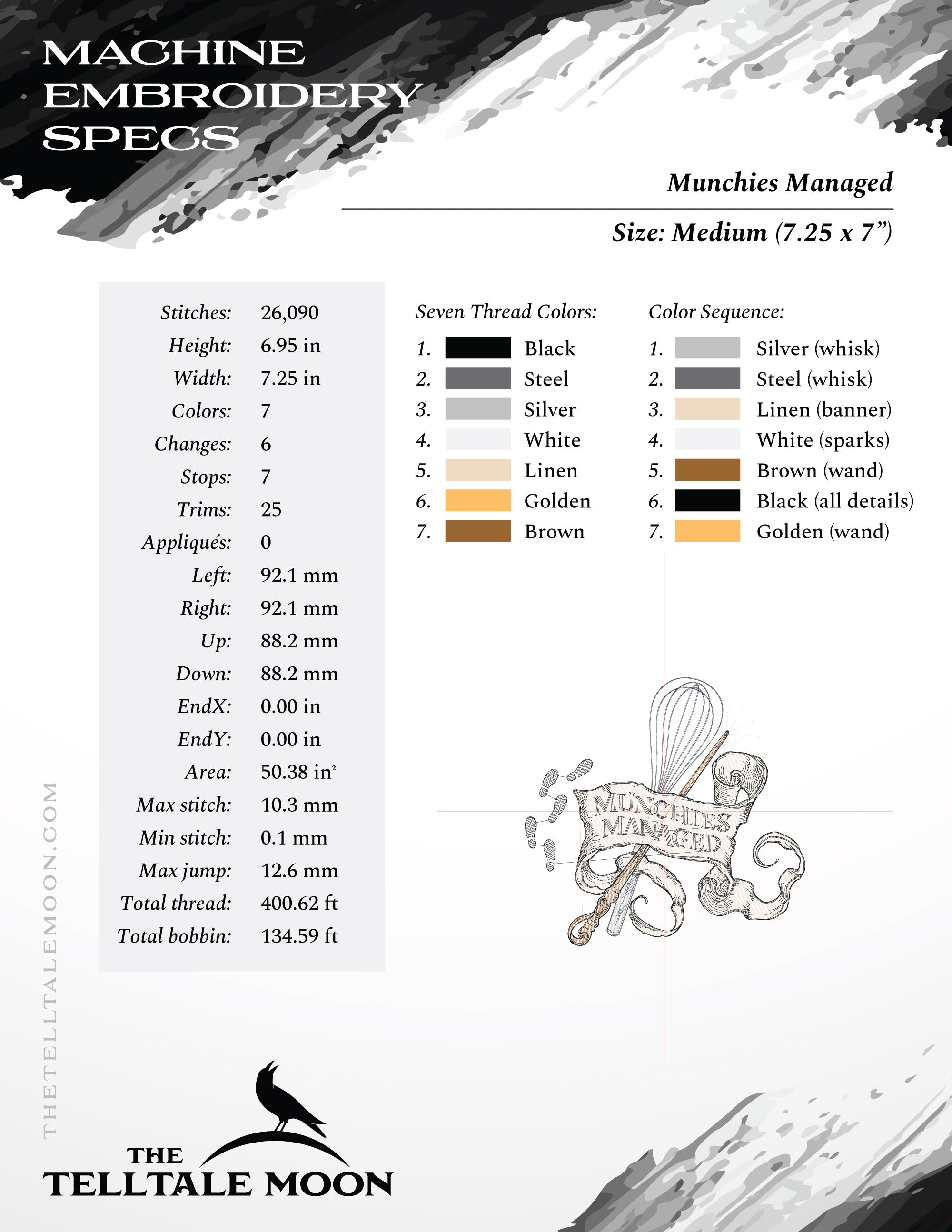 Embroidery: Sketch-style "Munchies Managed" Design - 5, 6, 7, 8, 9, 10, and 12 Inches Square