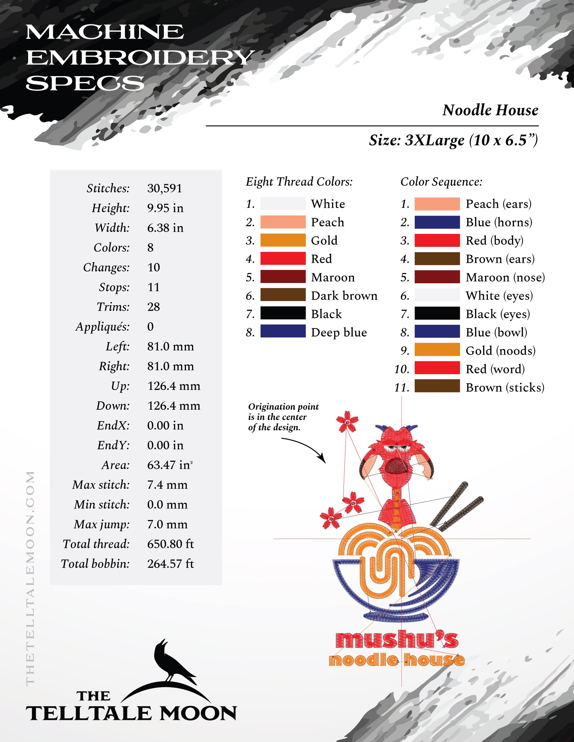 Embroidery: Fun "Noodle House" Design - Pocket Version, Plus Sizes 5 to 10 Inches Tall