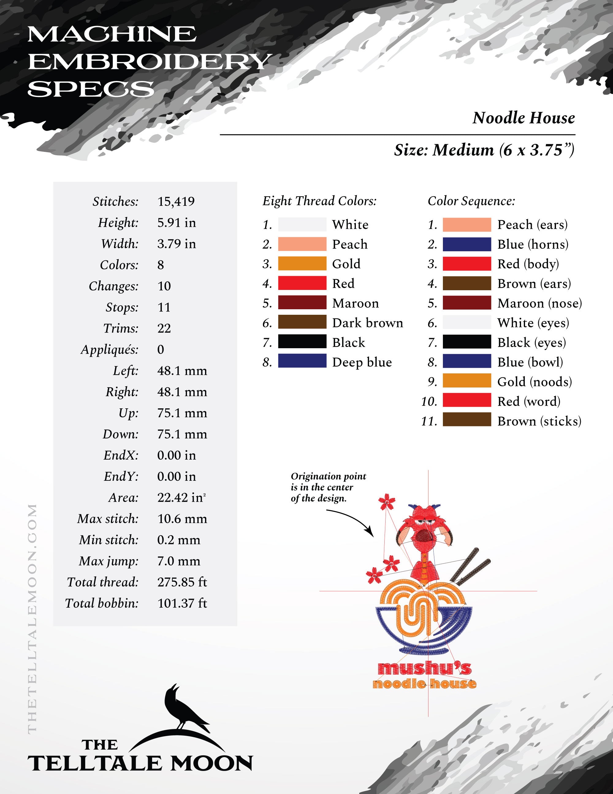 Embroidery: Fun "Noodle House" Design - Pocket Version, Plus Sizes 5 to 10 Inches Tall